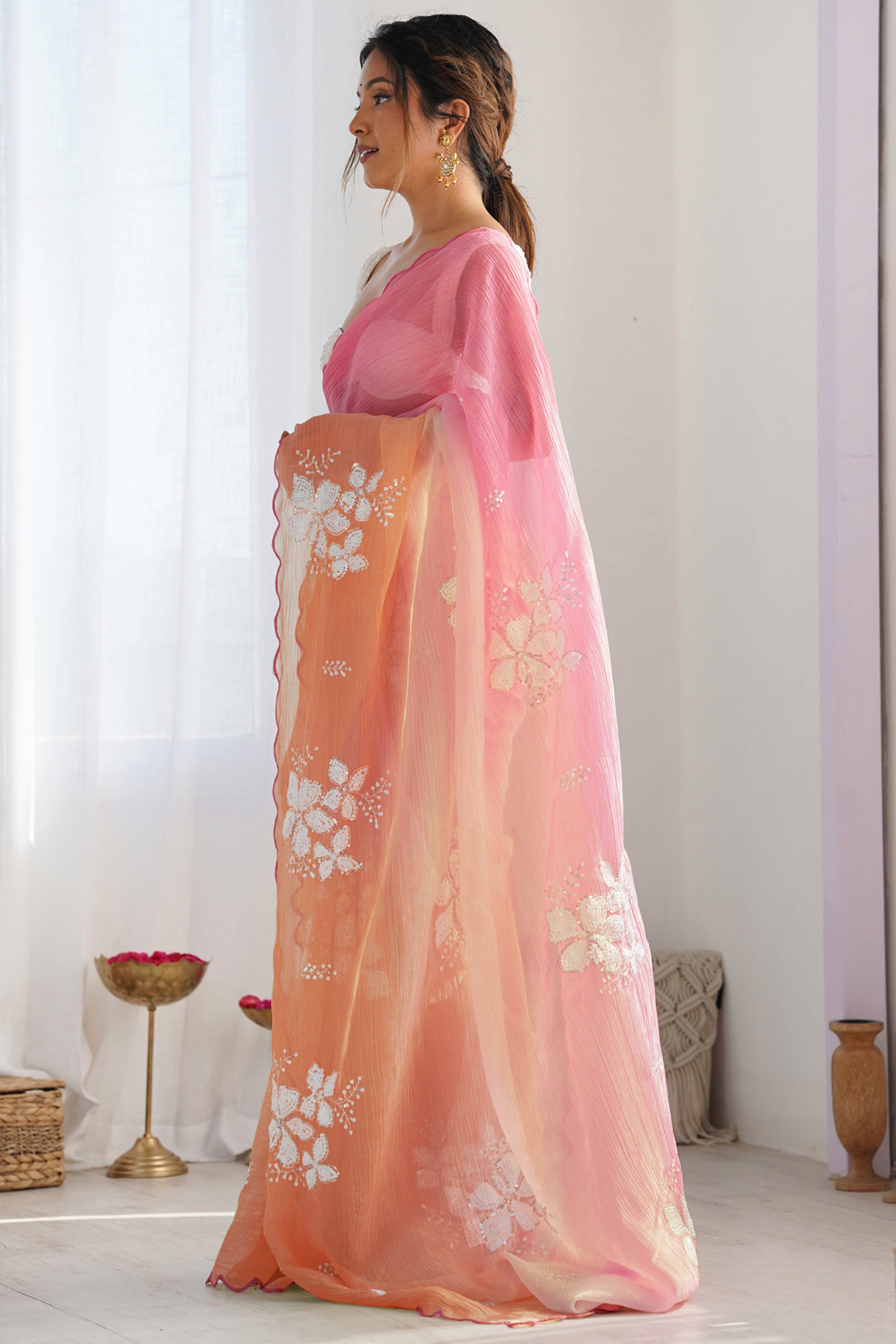 Pink & Orange Ombre Silk Blend Saree Accentuated With Floral Sequins Embroidery