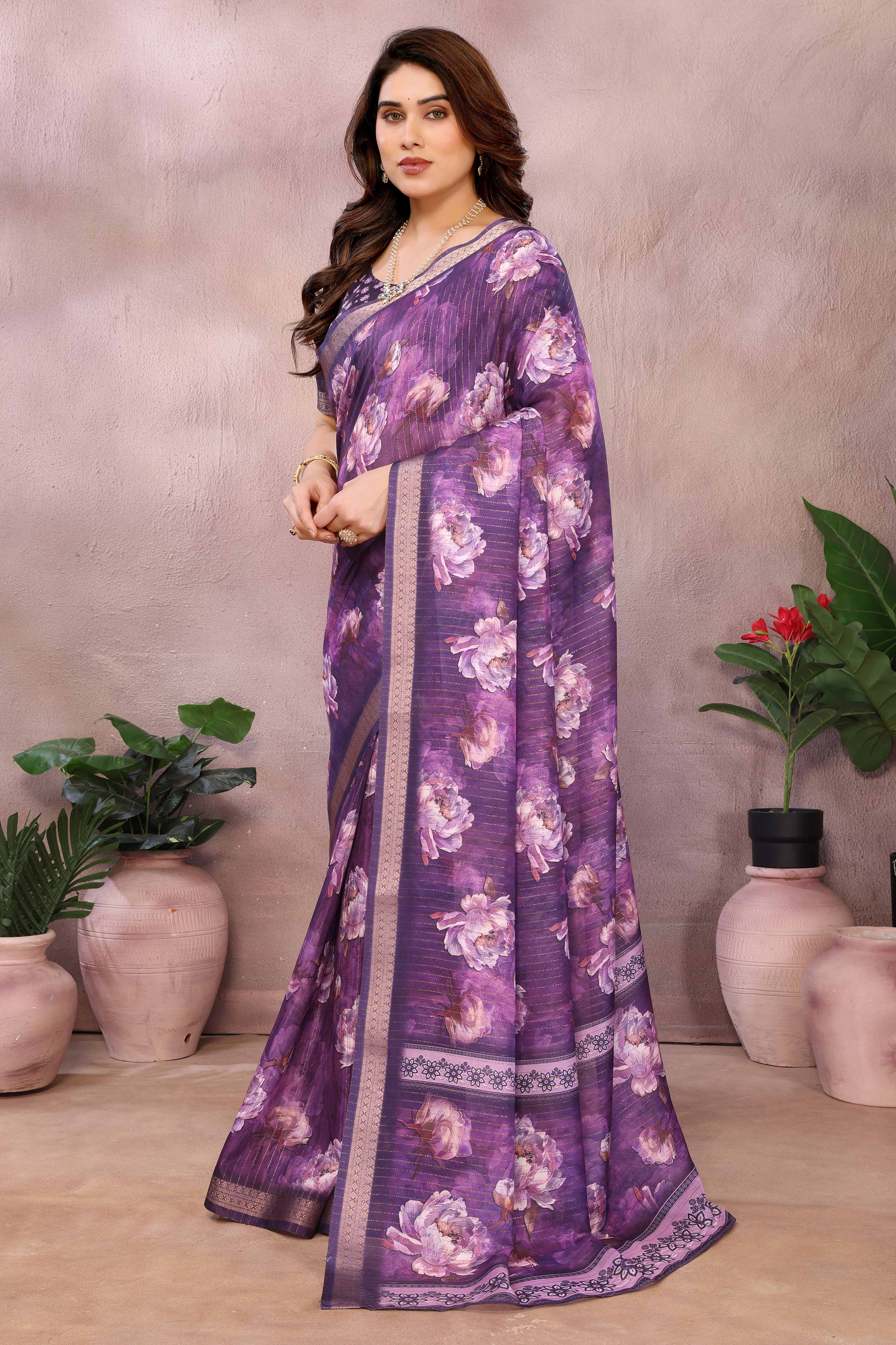 Purple Zari Woven Saree with Floral Motifs in Cotton Blend Fabric