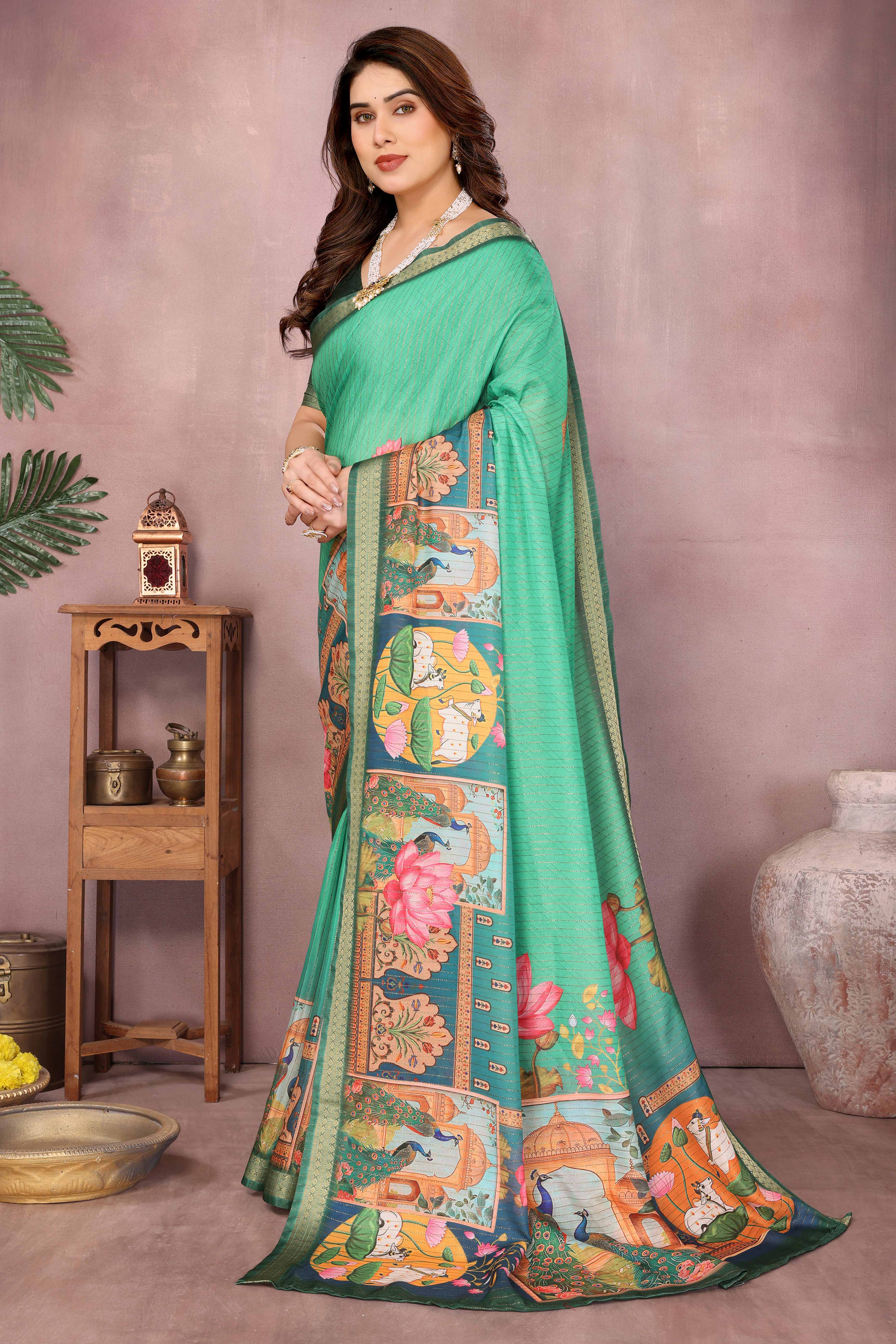 Rama Green Zari Woven Saree with Floral Motifs in Cotton Blend Fabric