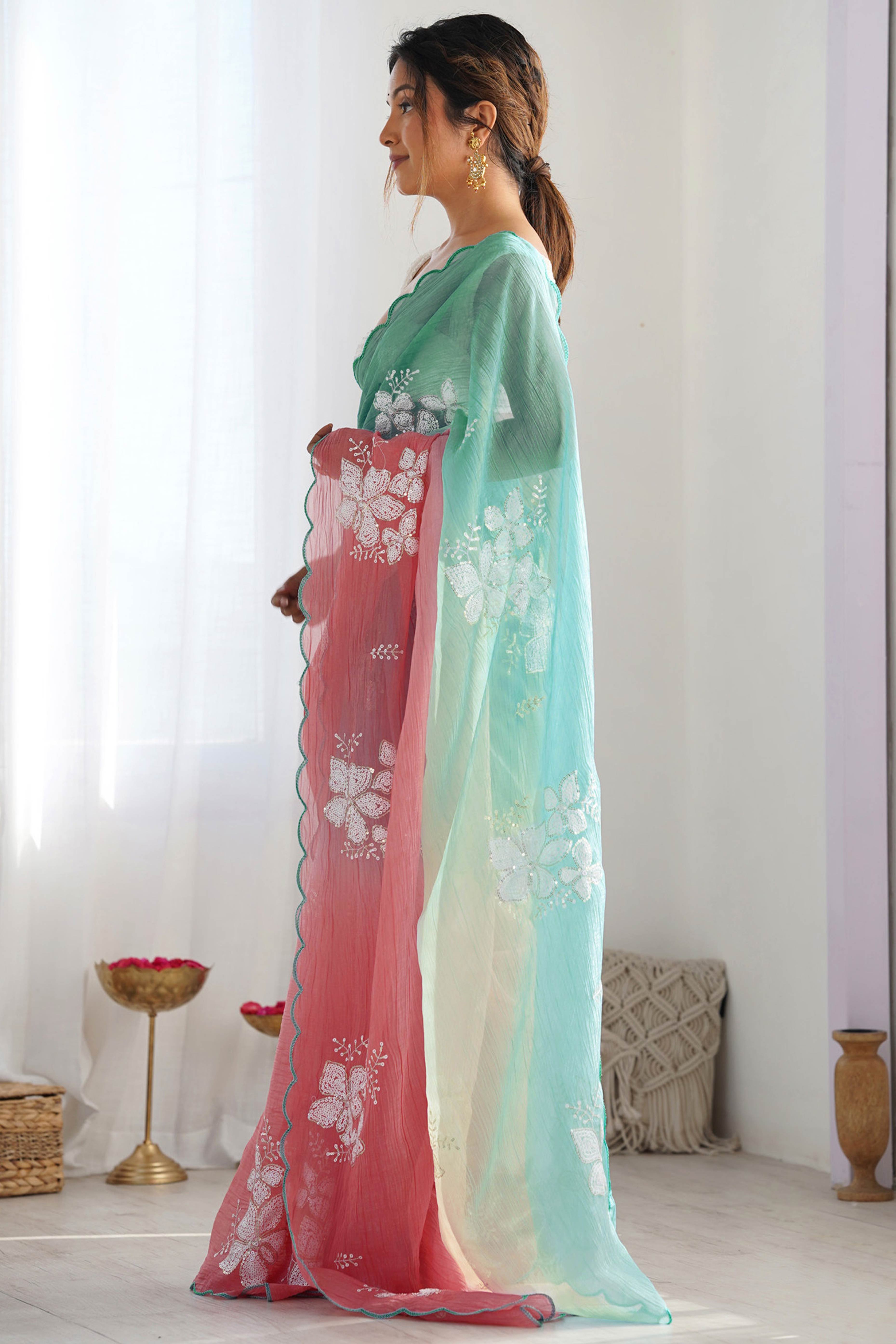 Rama Green & Peach Ombre Silk Blend Saree Accentuated With Floral Sequins Embroidery