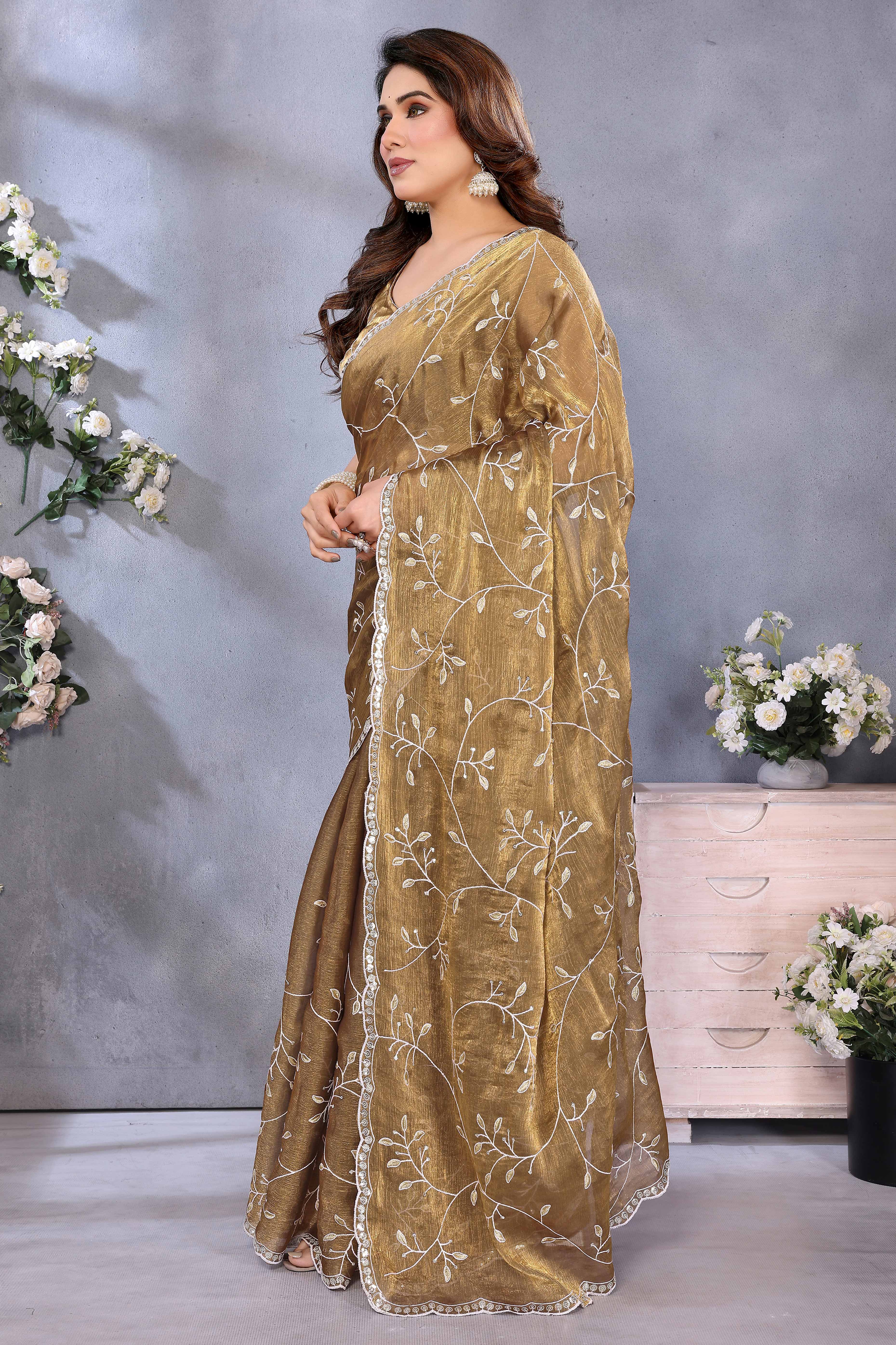Golden Brown Jimmy Choo Chiffon Saree Adorned with Delicate Floral Sequins Embroidery