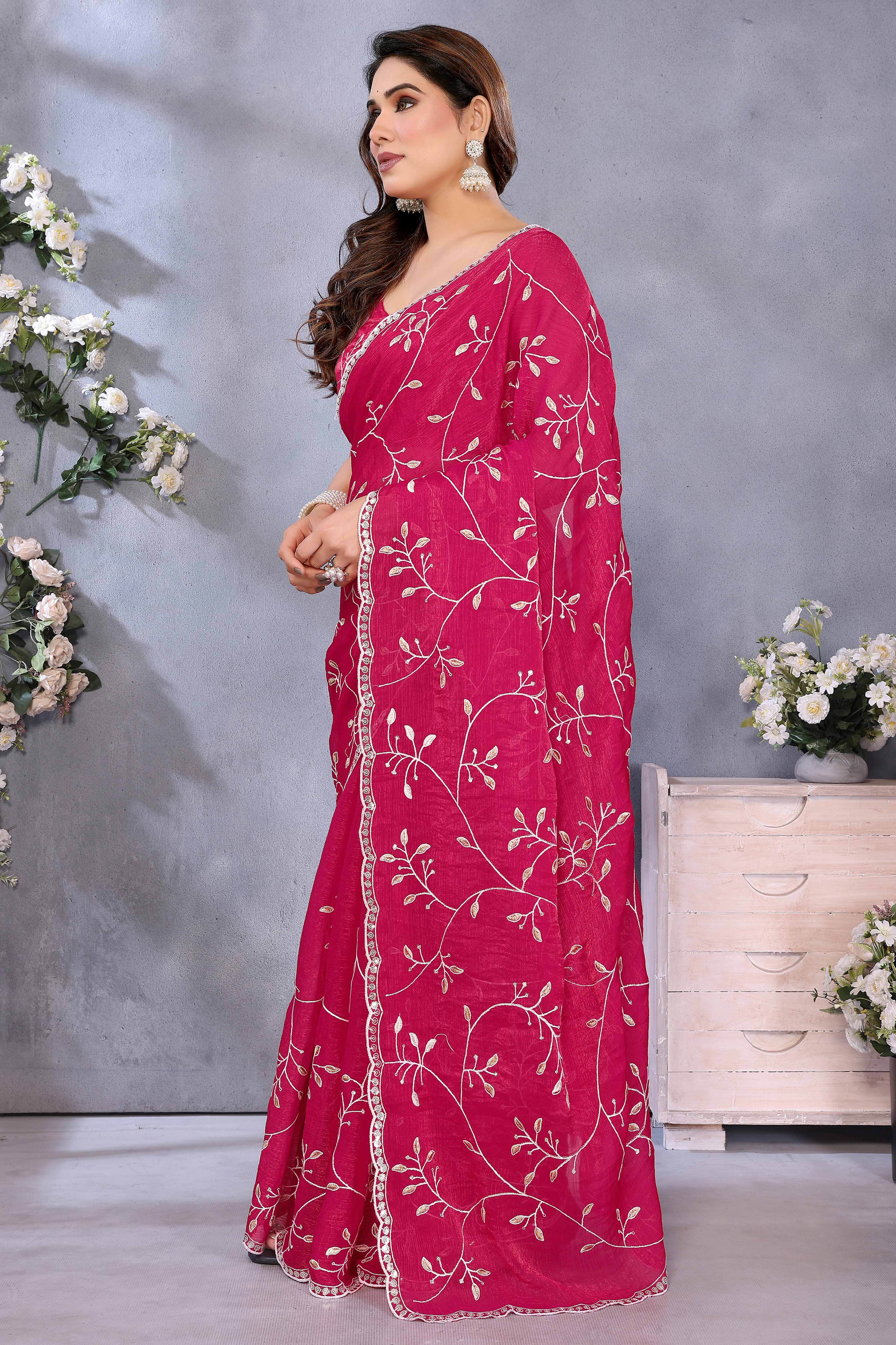 Pink Jimmy Choo Chiffon Saree Adorned with Delicate Floral Sequins Embroidery