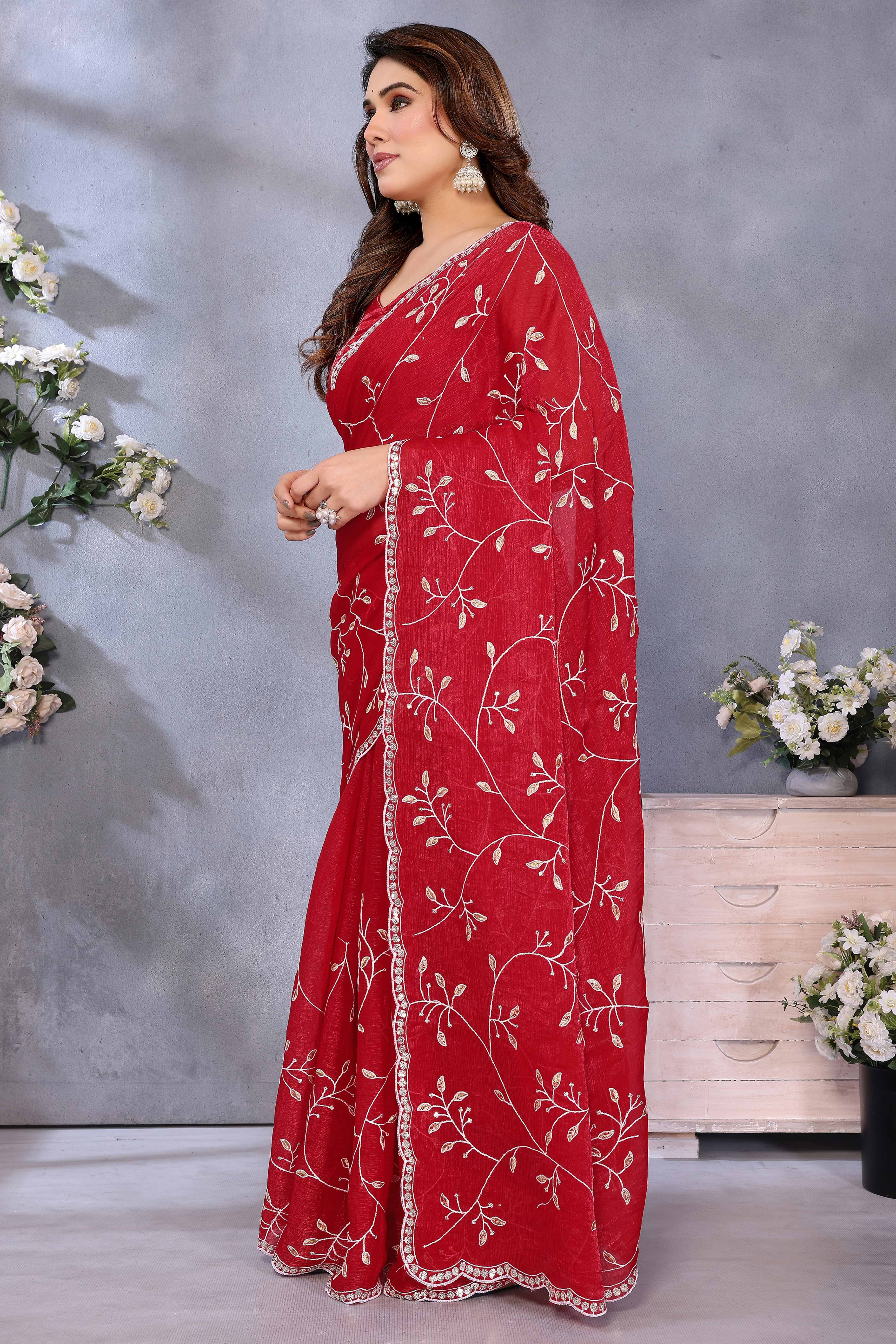 Red Jimmy Choo Chiffon Saree Adorned with Delicate Floral Sequins Embroidery