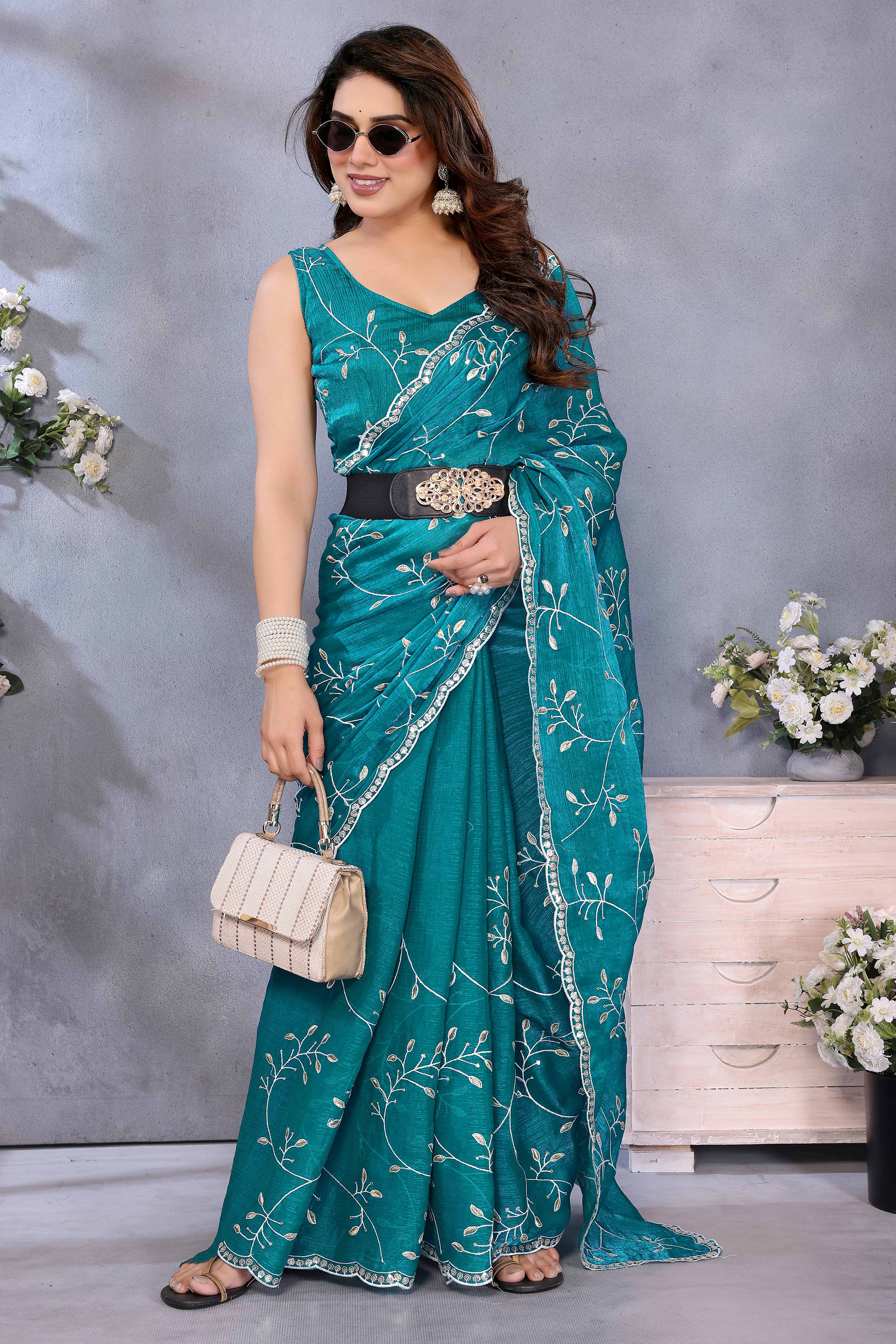 Teal Jimmy Choo Chiffon Saree Adorned with Delicate Floral Sequins Embroidery