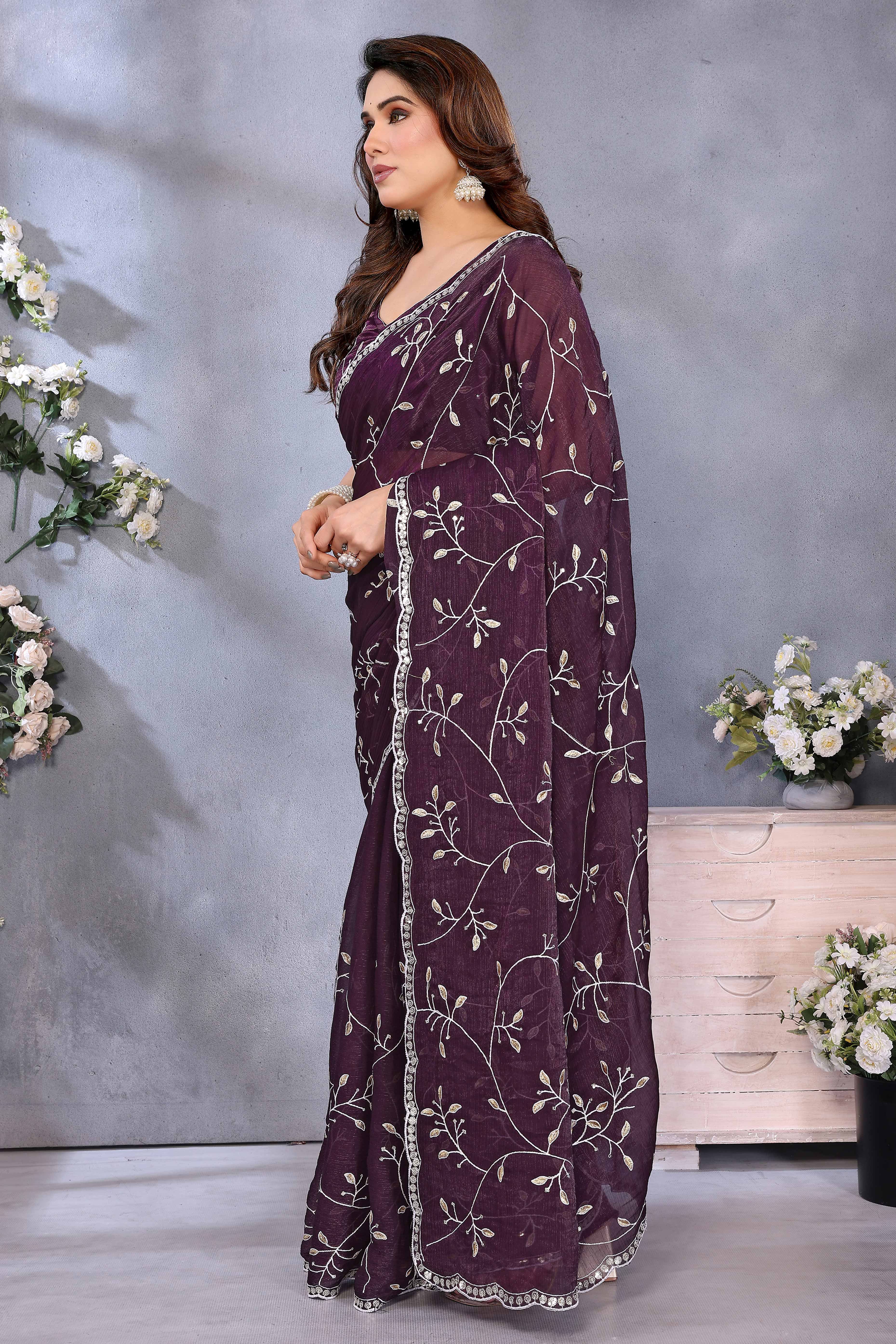 Wine Jimmy Choo Chiffon Saree Adorned with Delicate Floral Sequins Embroidery