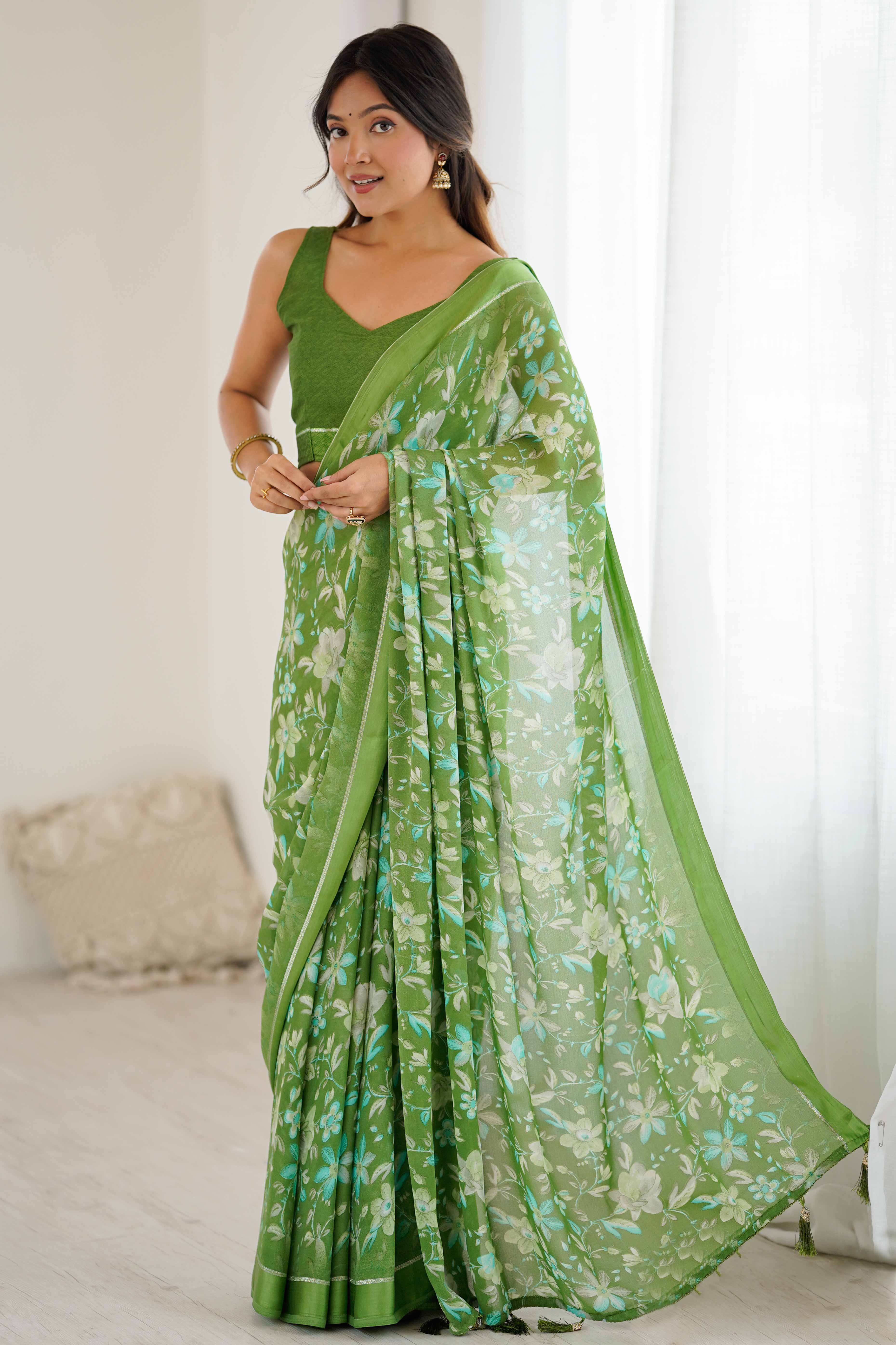 Green Moss Silk Blend Saree With Artistic Floral Digital Print & Stylish Tassel Pallu