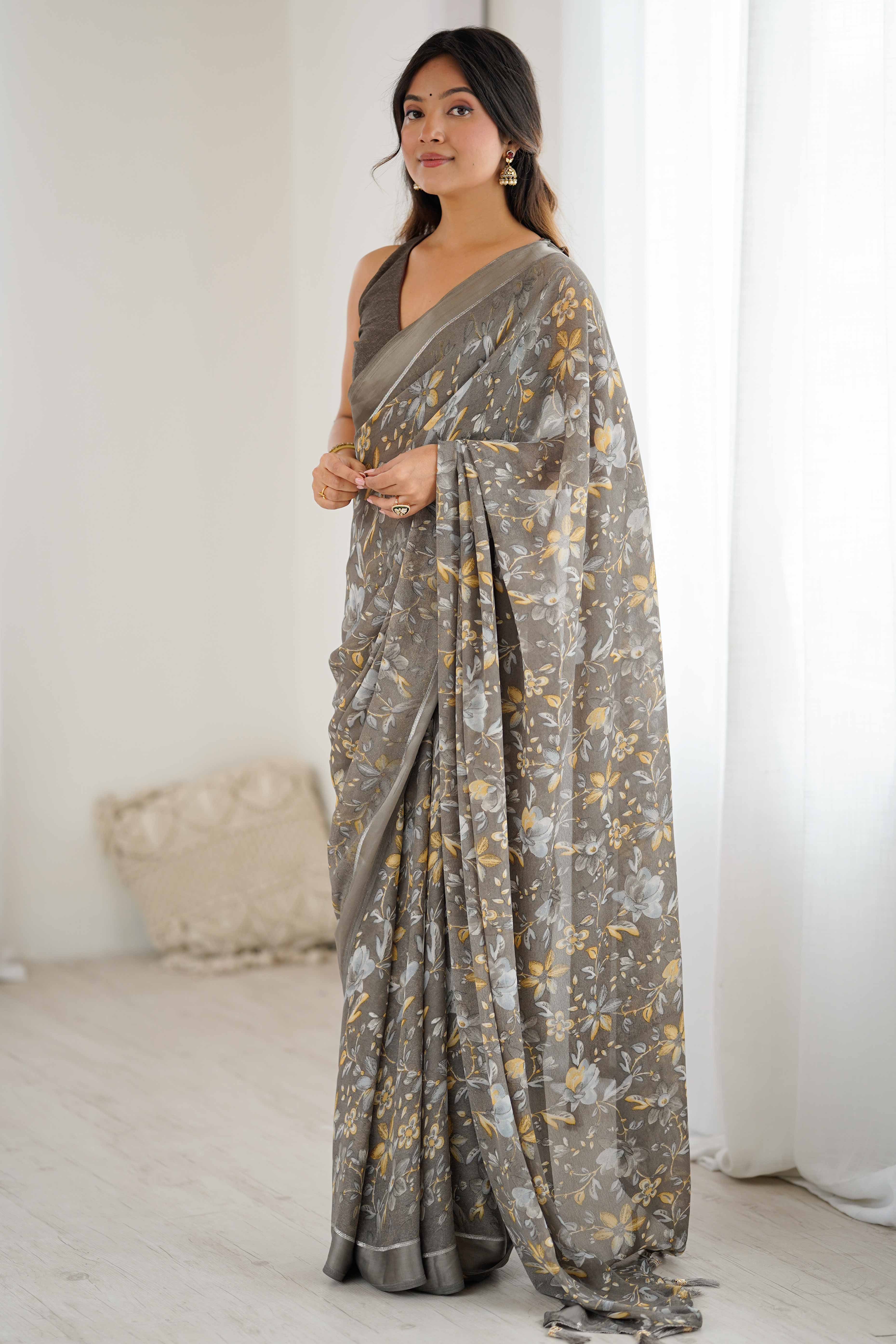 Grey Moss Silk Blend Saree With Artistic Floral Digital Print & Stylish Tassel Pallu