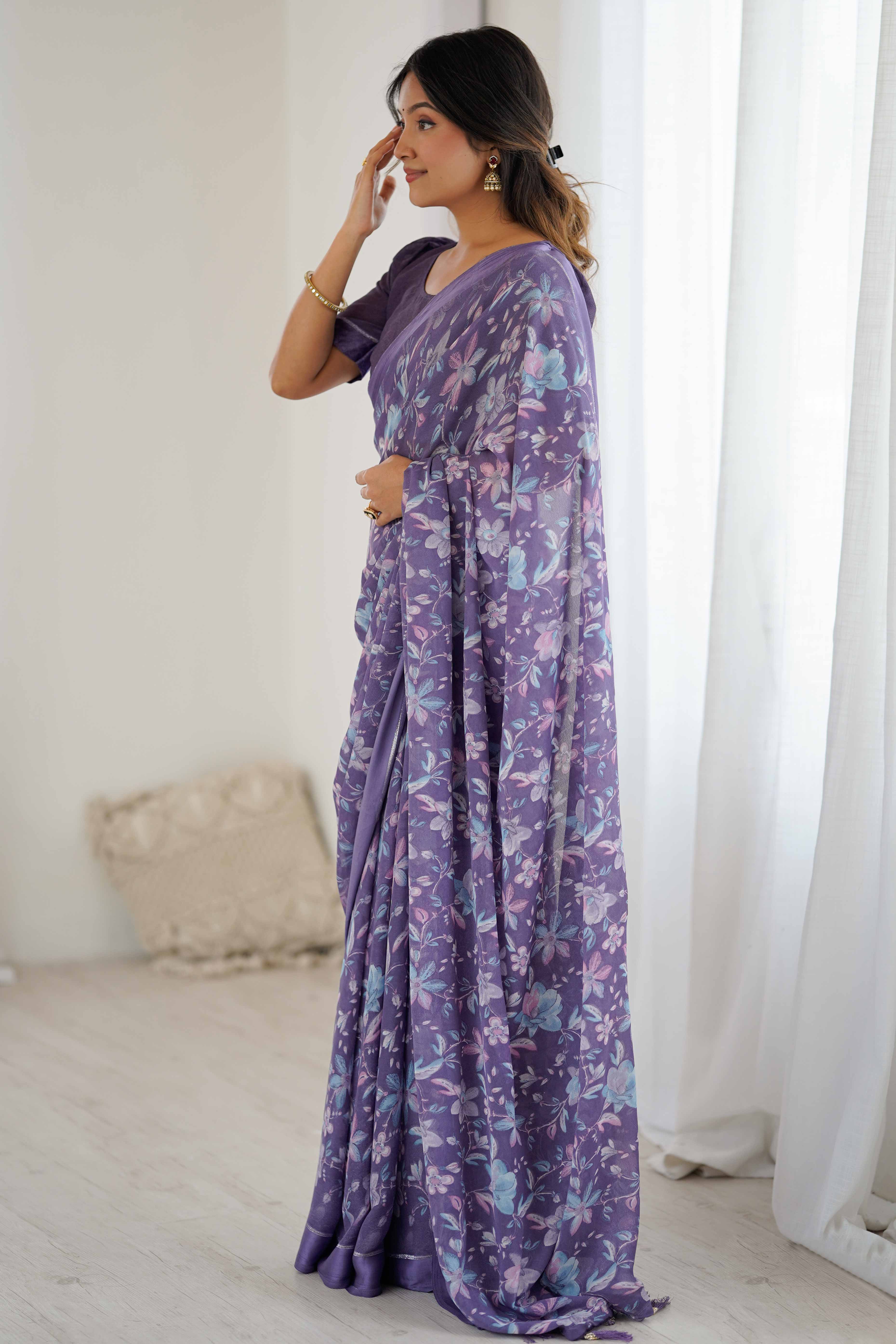 Lavender Moss Silk Blend Saree With Artistic Floral Digital Print & Stylish Tassel Pallu