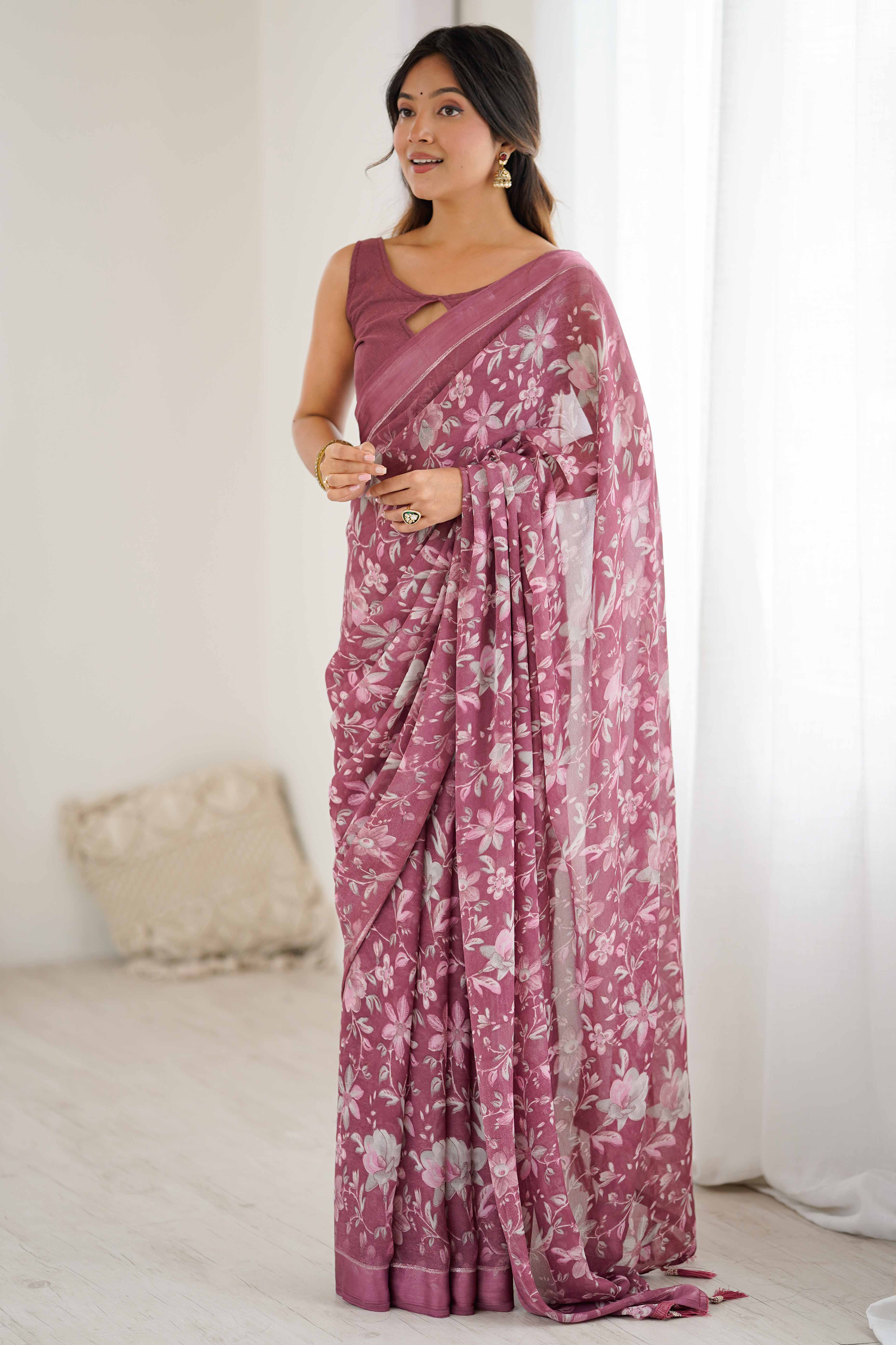 Mauve Moss Silk Blend Saree With Artistic Floral Digital Print & Stylish Tassel Pallu