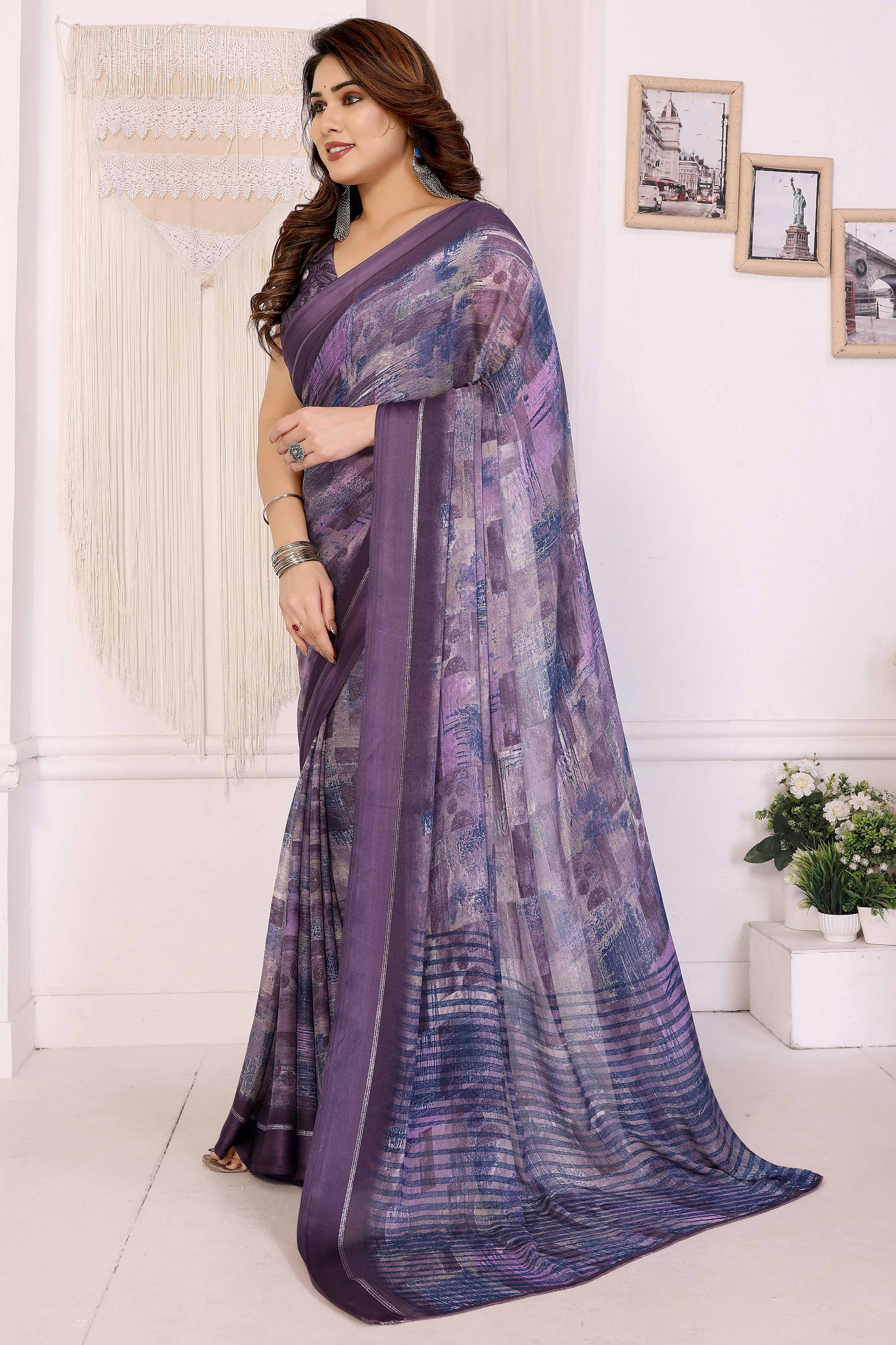 Trendy Purple Moss Crepe Saree with Floral Motifs and Satin Border