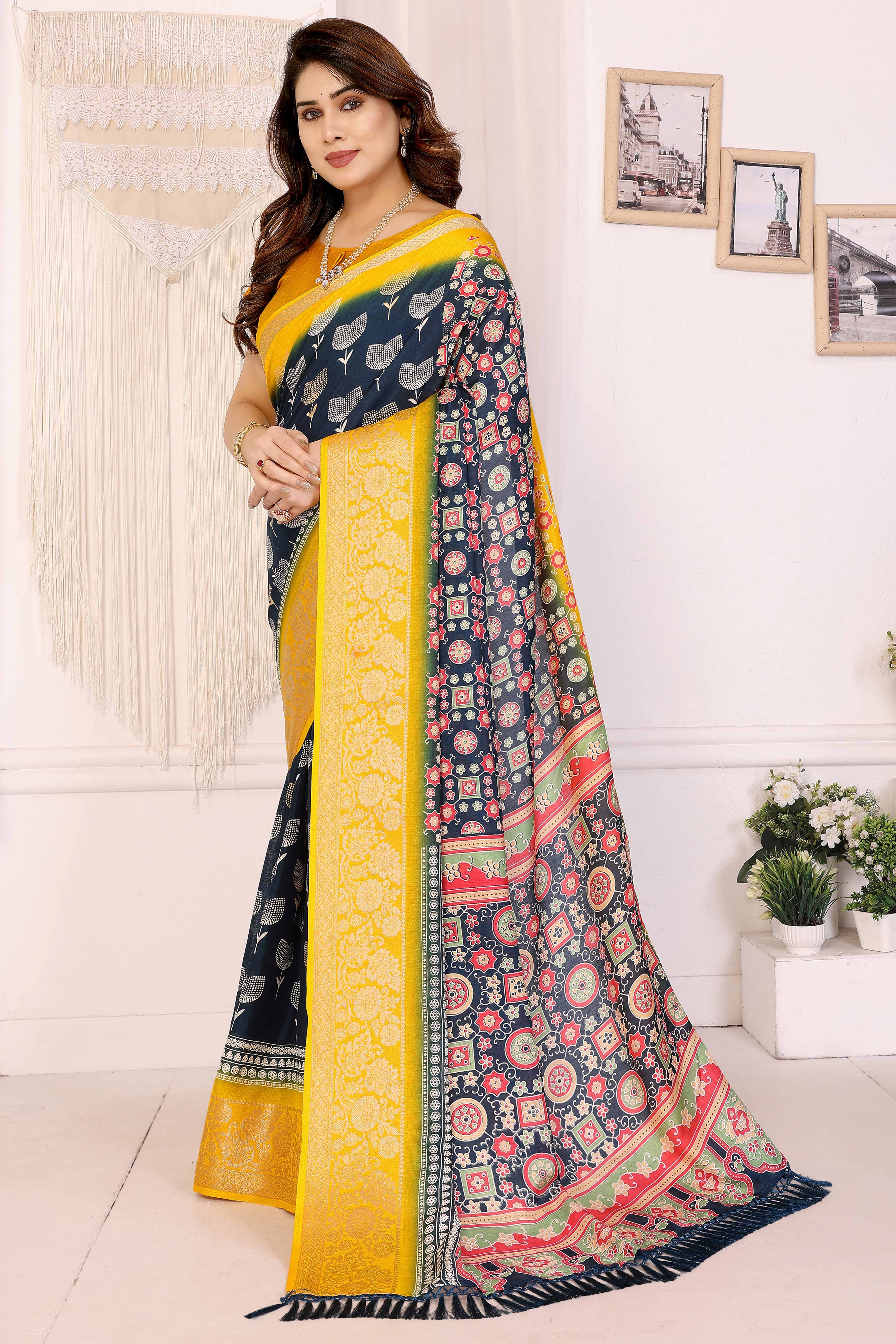 Blue Moss Crepe Saree with Floral Prints and Jacquard Edging