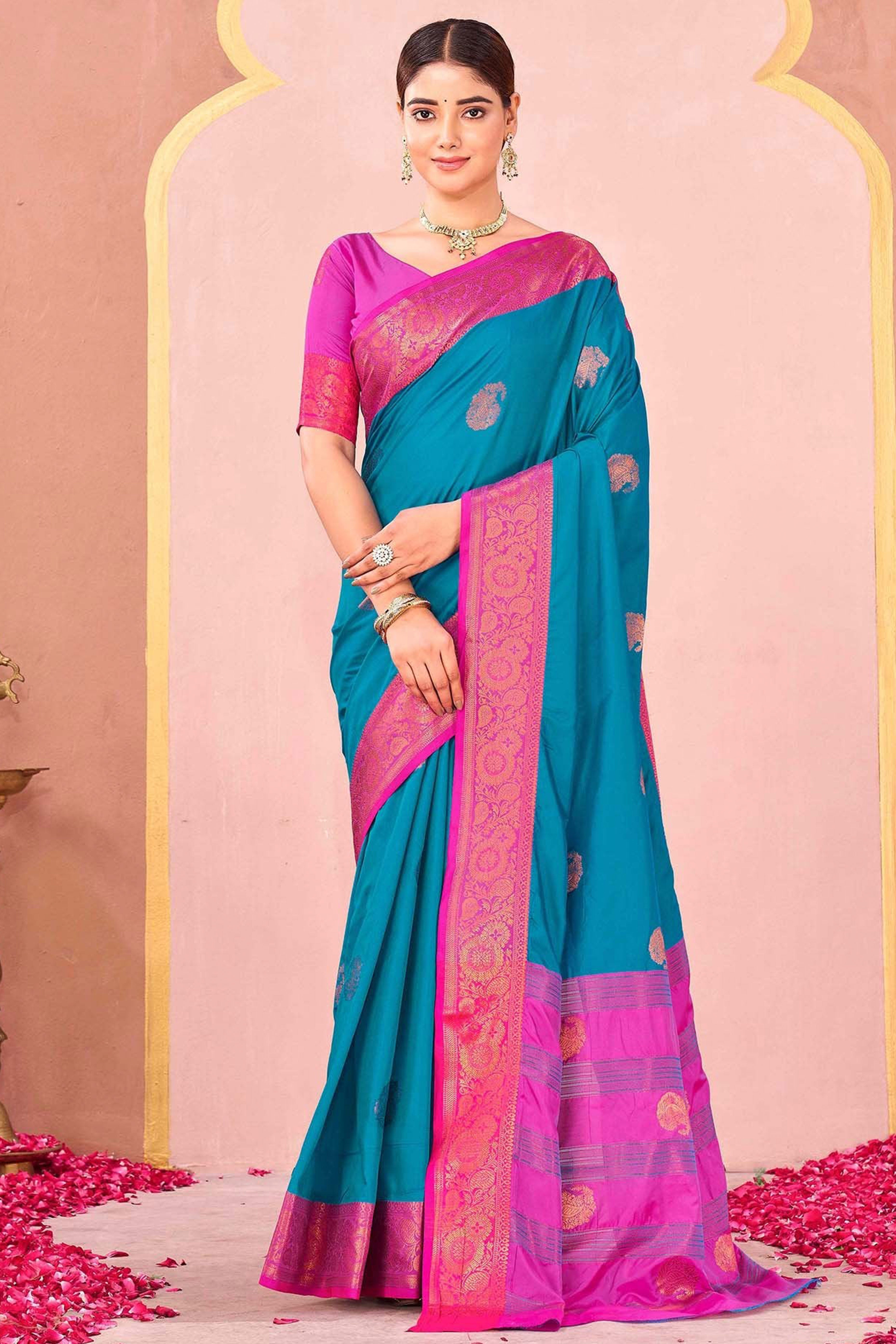 Blue Silk Blend Saree Adorned With Zari Woven Floral & Paisley Design