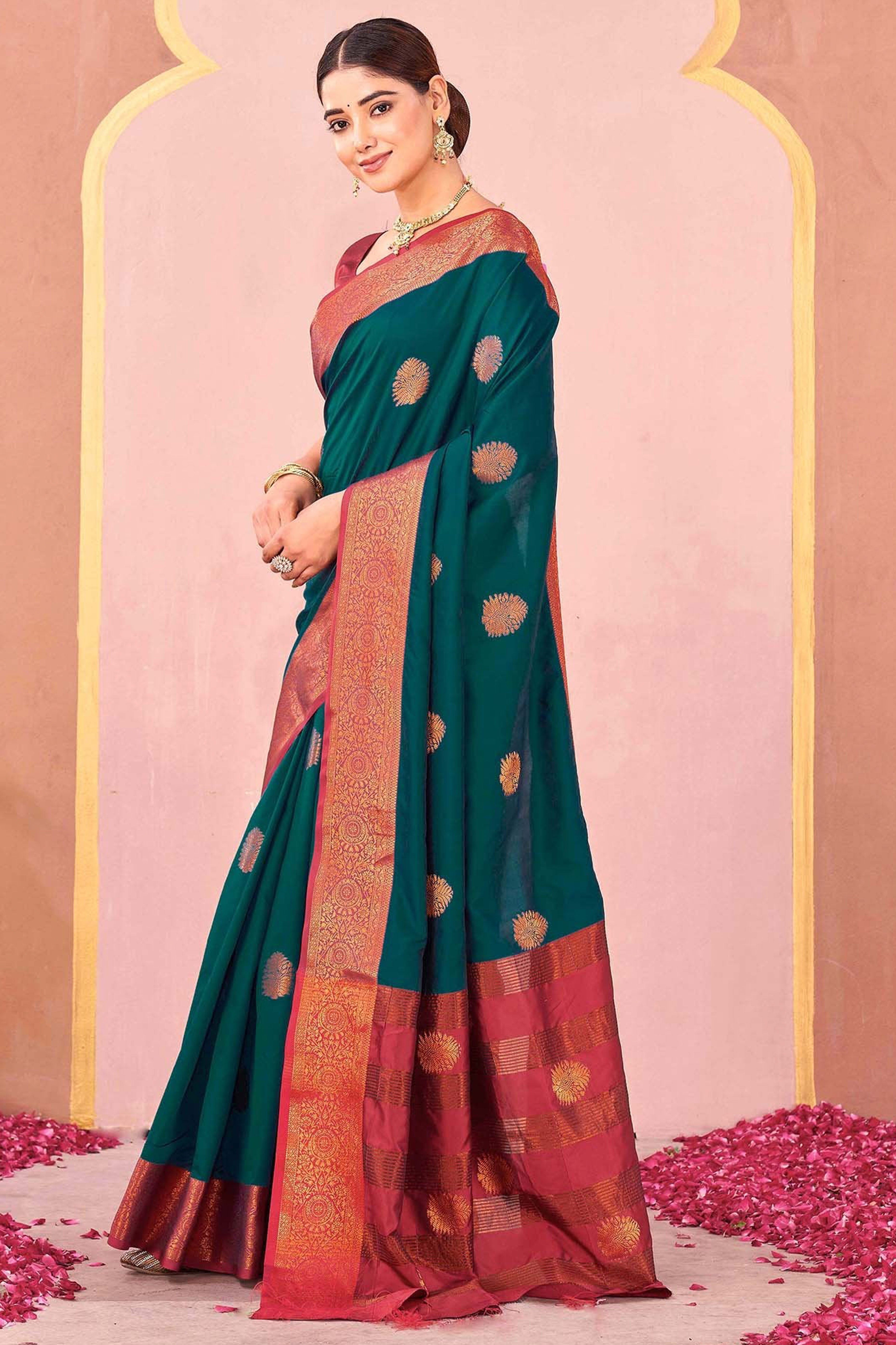 Rama Green Silk Blend Saree Adorned With Zari Woven Floral & Paisley Design
