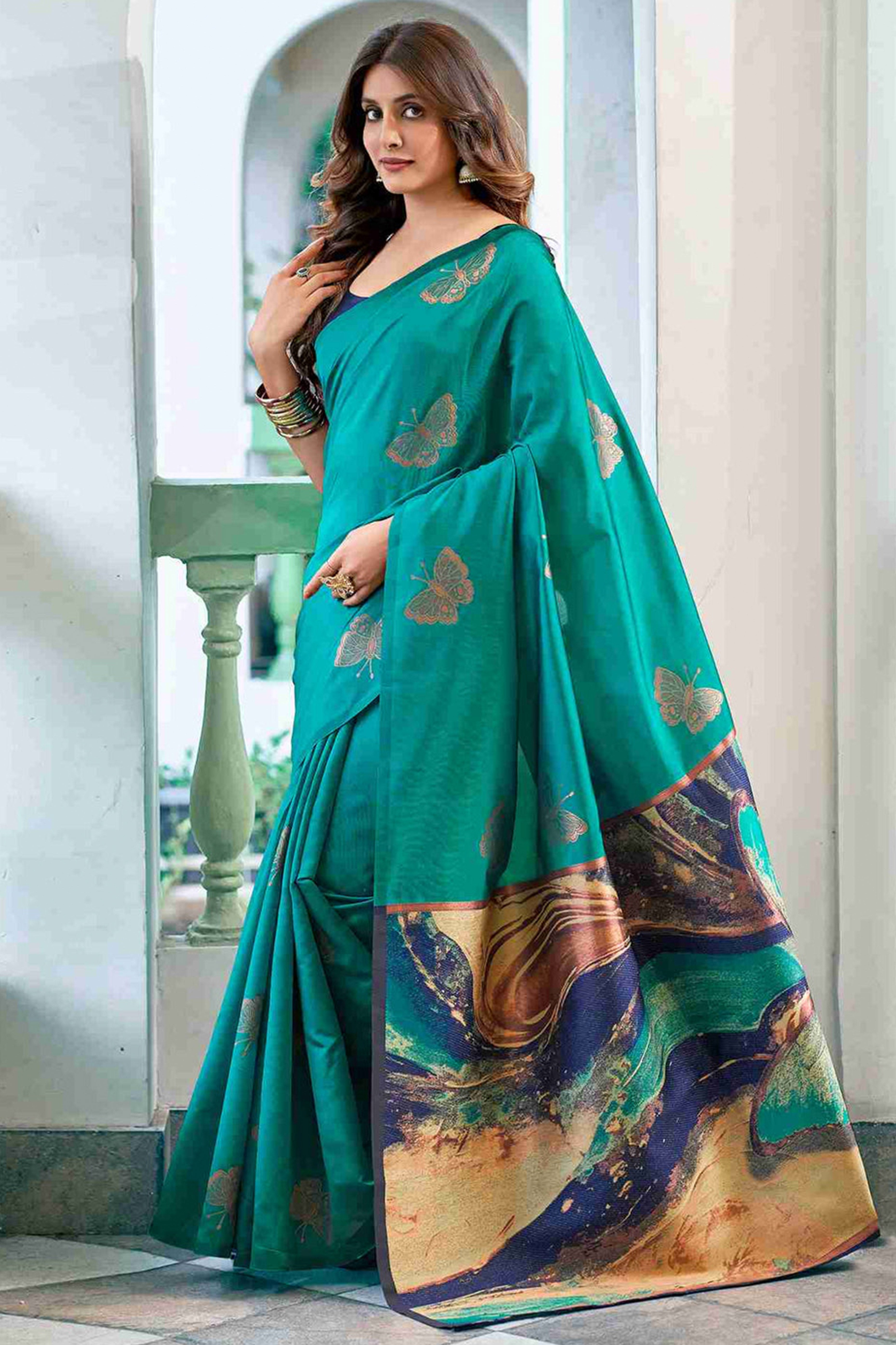 Charming Teal Banarasi Silk Saree Highlighted With Butterfly Motif Zari Work