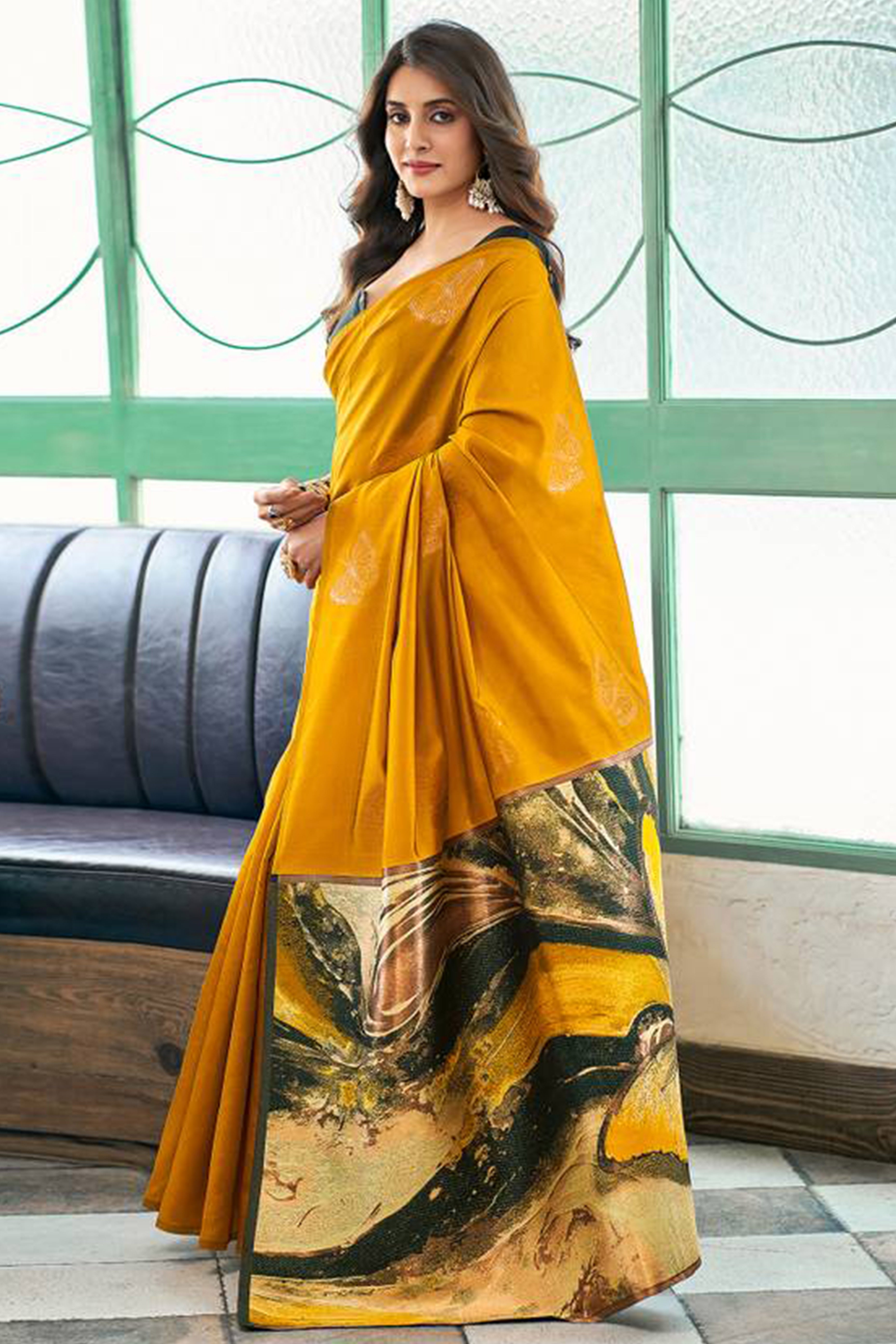 Charming Yellow Banarasi Silk Saree Highlighted With Butterfly Motif Zari Work