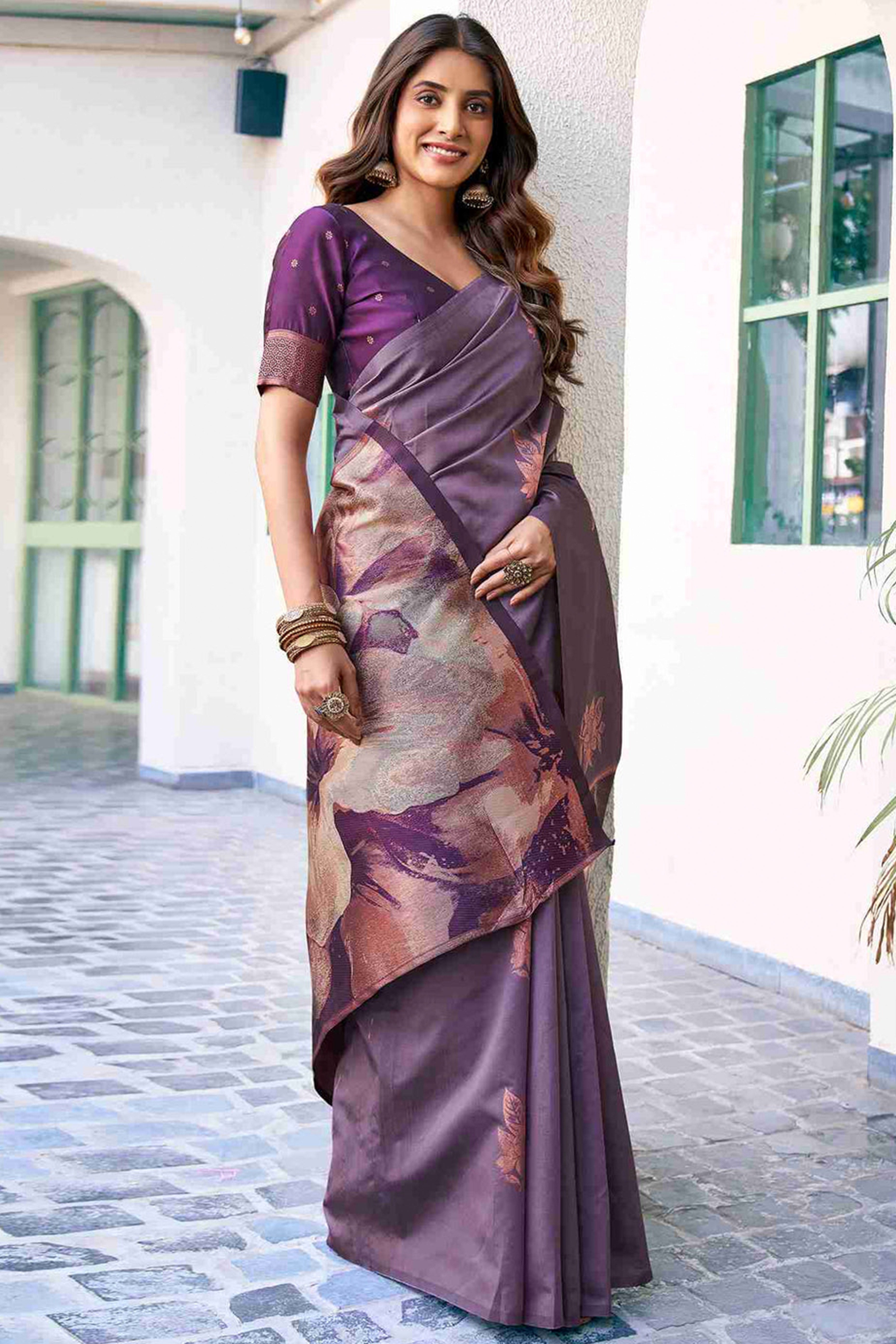 Charming Purple Banarasi Silk Saree Highlighted With Floral Motif Zari Work