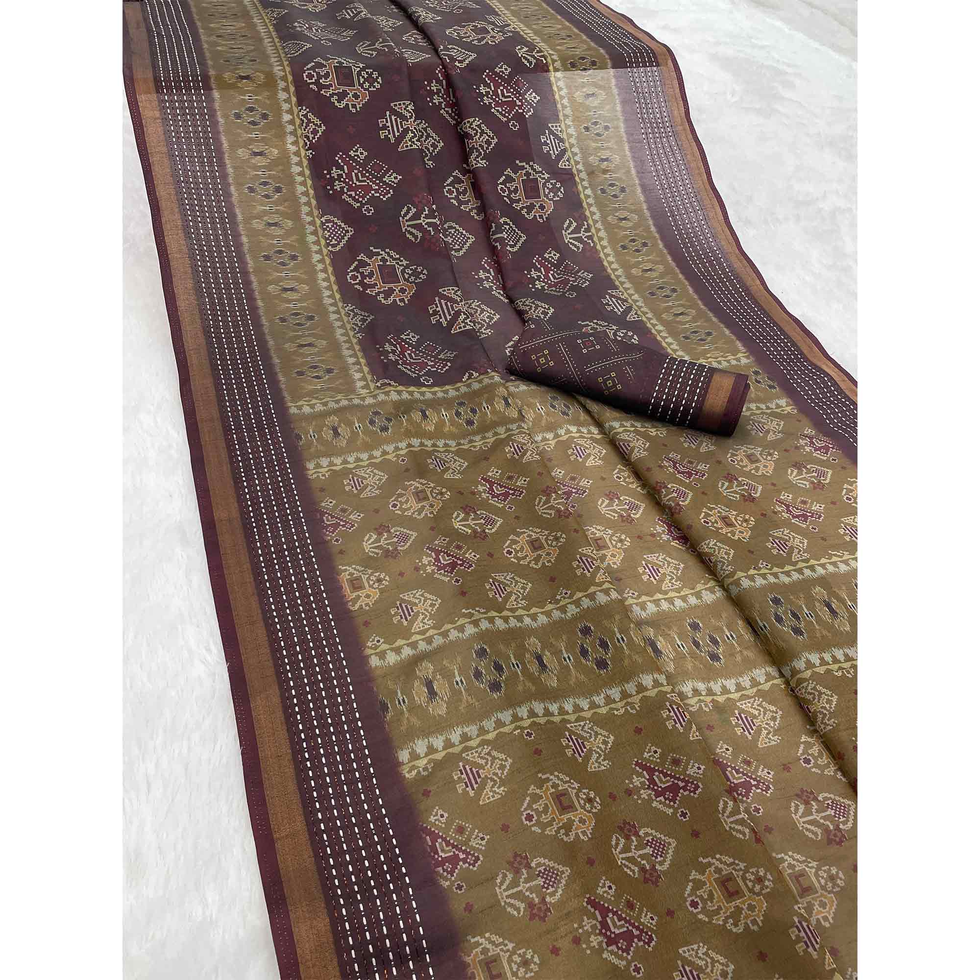 Gorgeous Brown Silk Blend Saree with Digital Patola Patterns for Timeless Ethnic Appeal