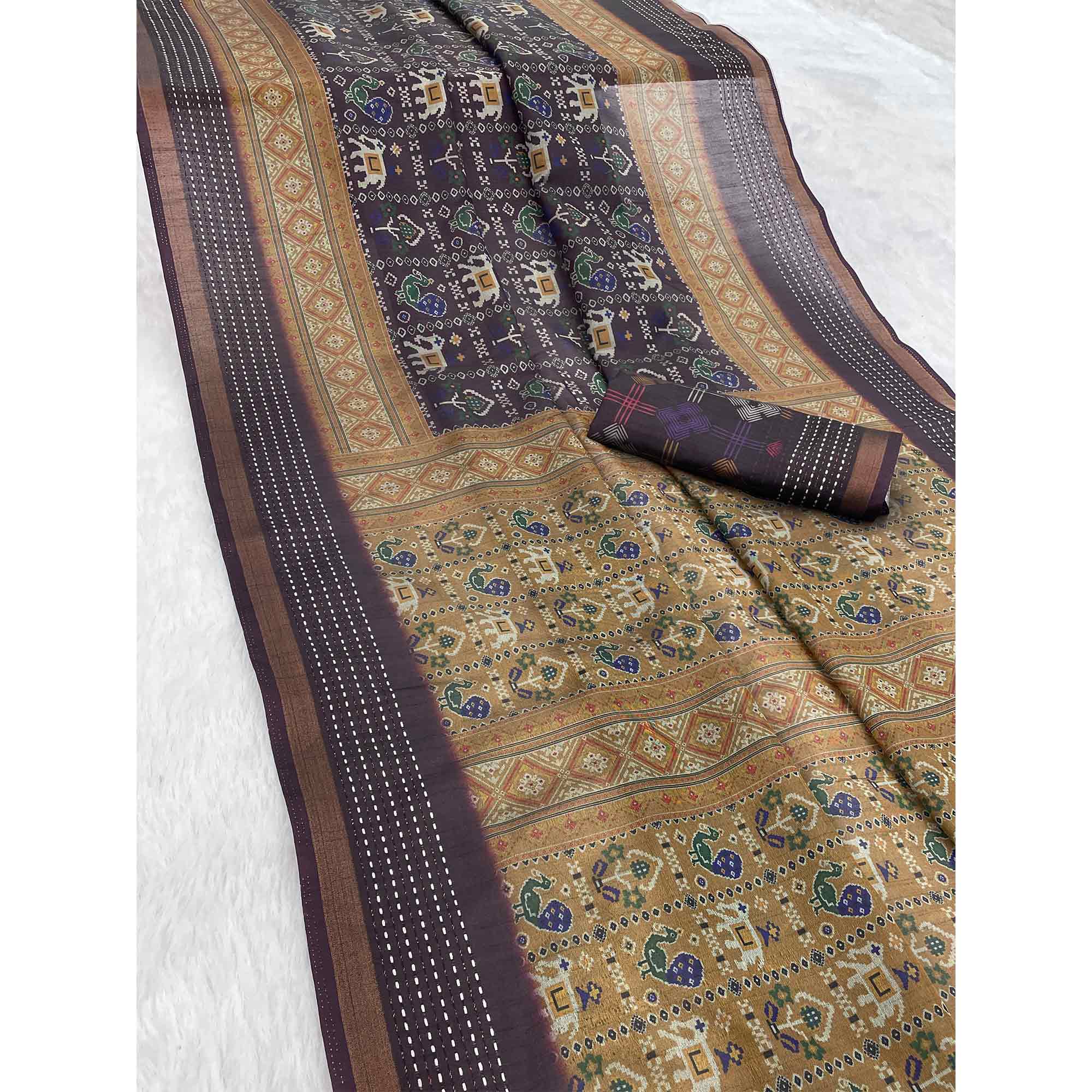 Gorgeous Wine Silk Blend Saree with Digital Patola Patterns for Timeless Ethnic Appeal