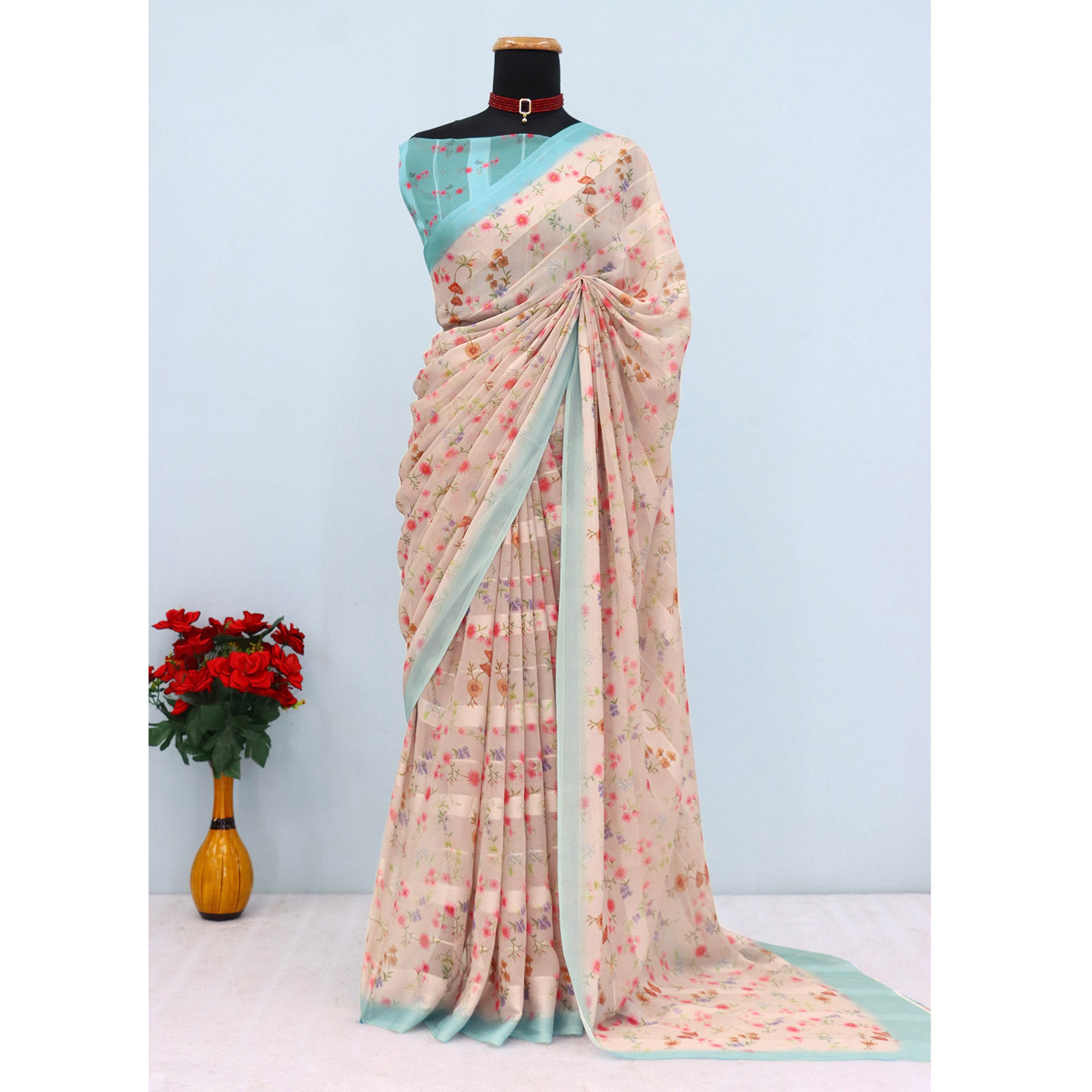 Beige Bloom Floral Digital Printed Georgette Saree Accentuated With Graceful Zari Stripes