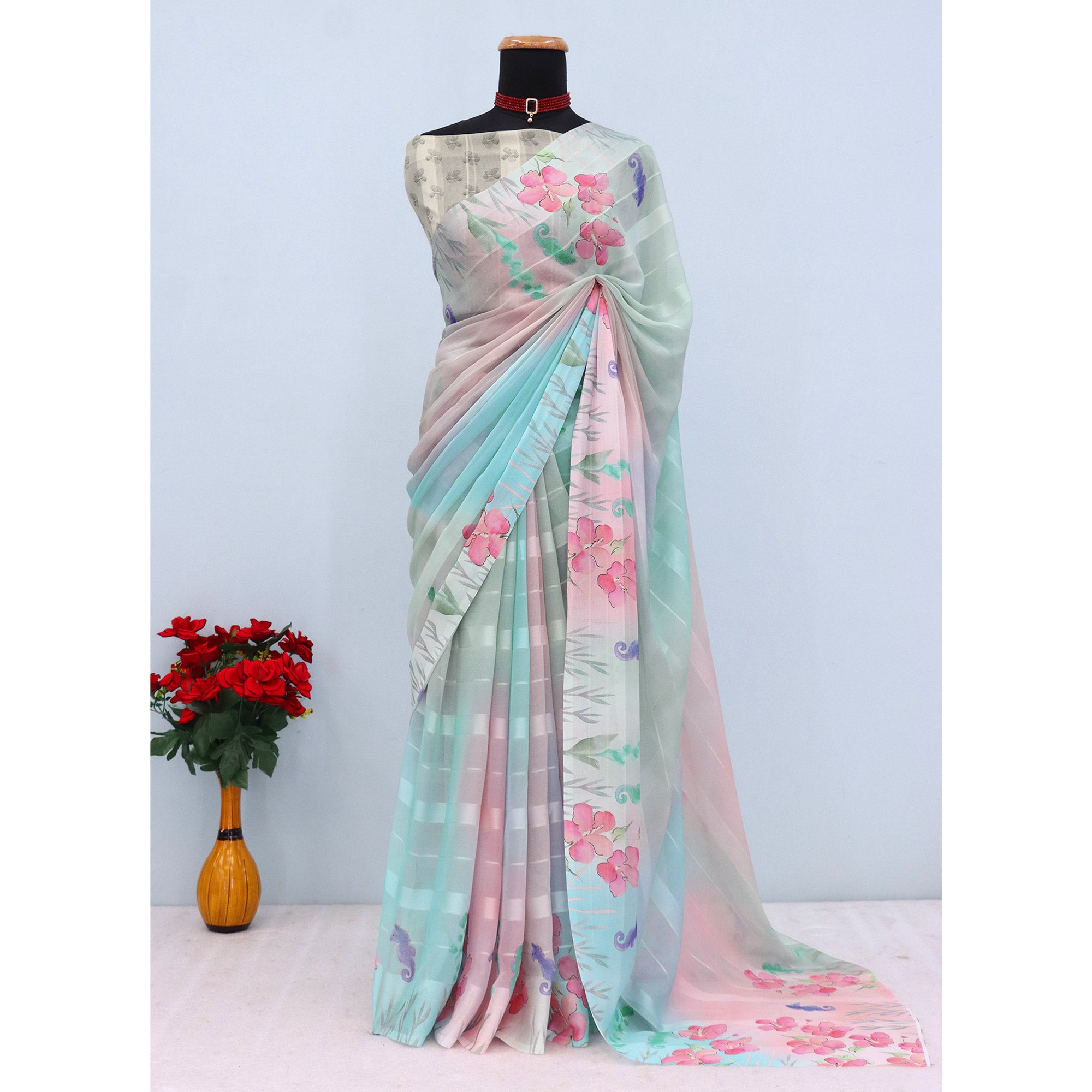 Multicolor Bloom Floral Digital Printed Georgette Saree Accentuated With Graceful Zari Stripes