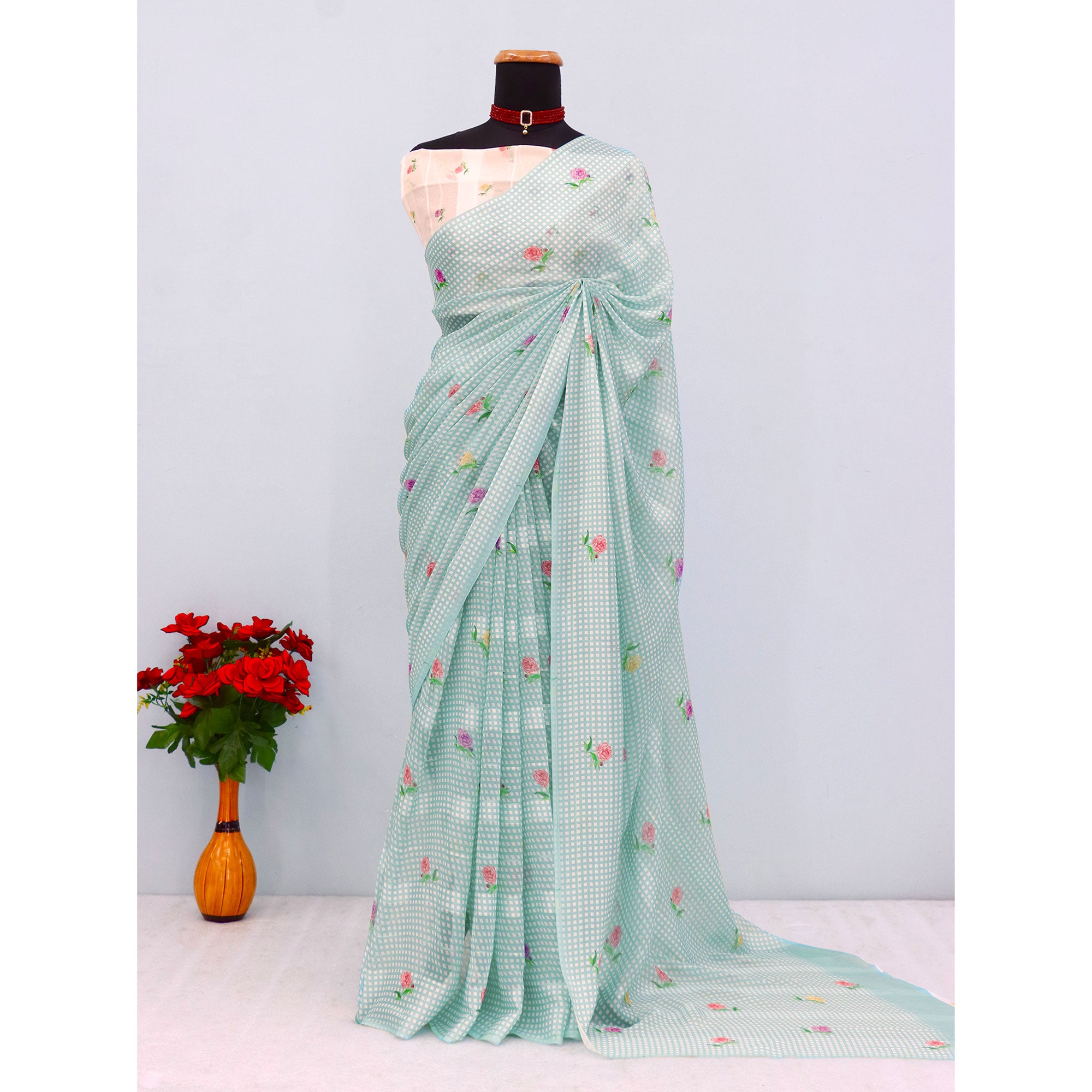 Elegant Sky Blue Floral Digital Printed Georgette Saree With Subtle Detailing