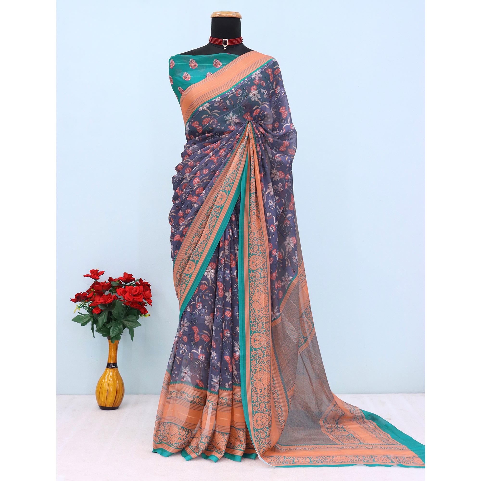 Elegant Purple & Rama Floral Digital Printed Georgette Saree Adorned With Subtle Zari Stripes