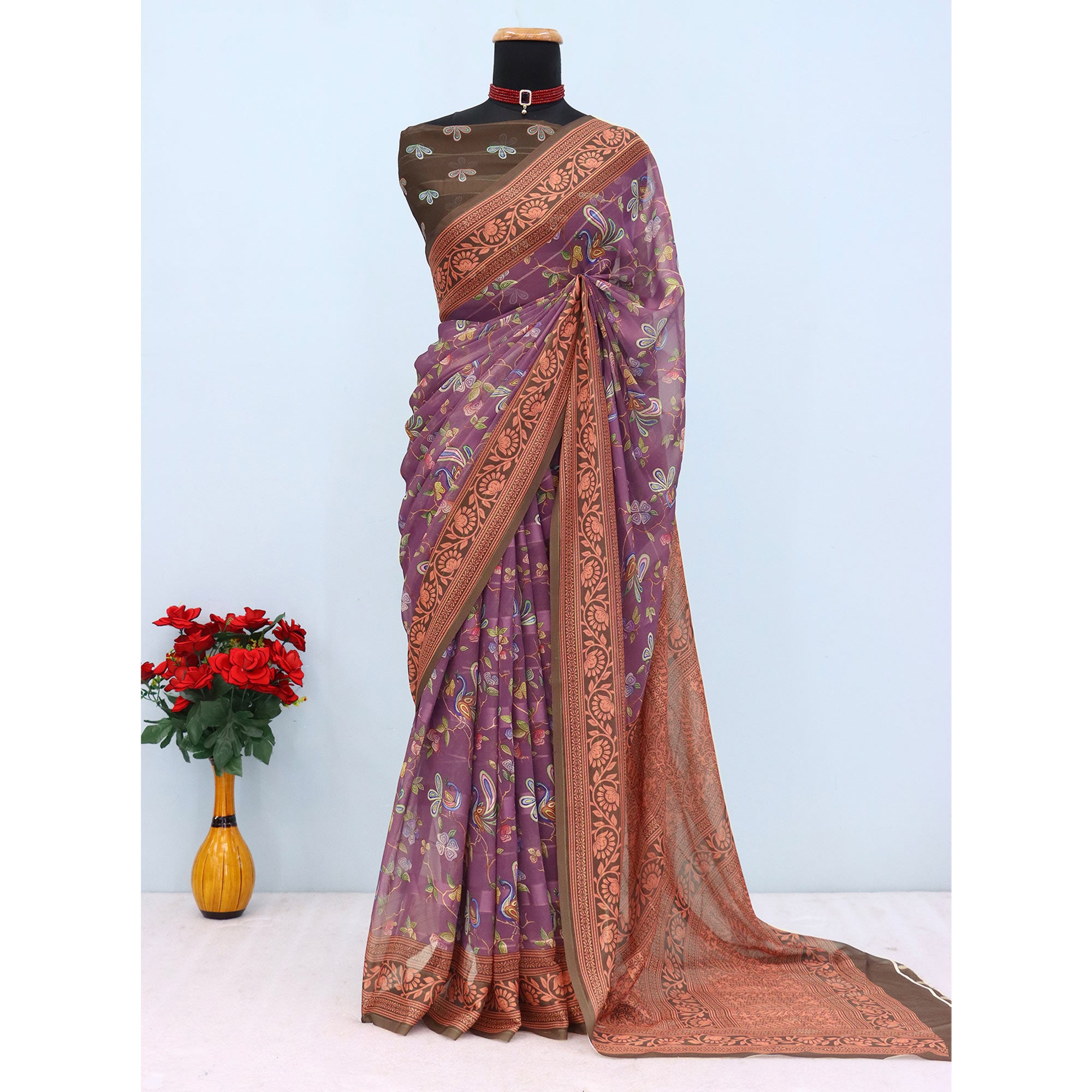 Elegant Wine & Brown Floral Digital Printed Georgette Saree Adorned With Subtle Zari Stripes