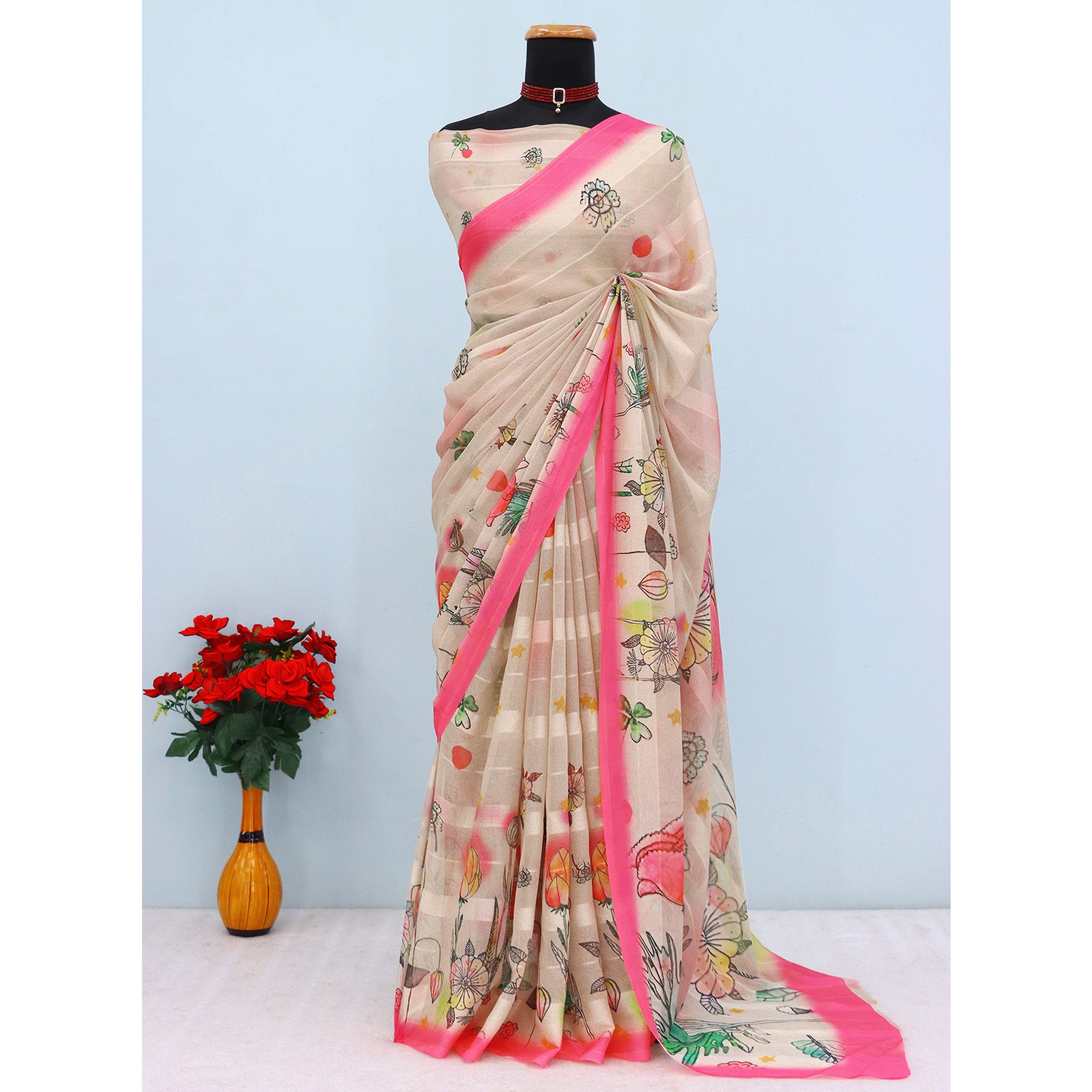 Charming Offwhite & Pink Floral Digital Printed Georgette Saree Accentuated With Zari Stripes