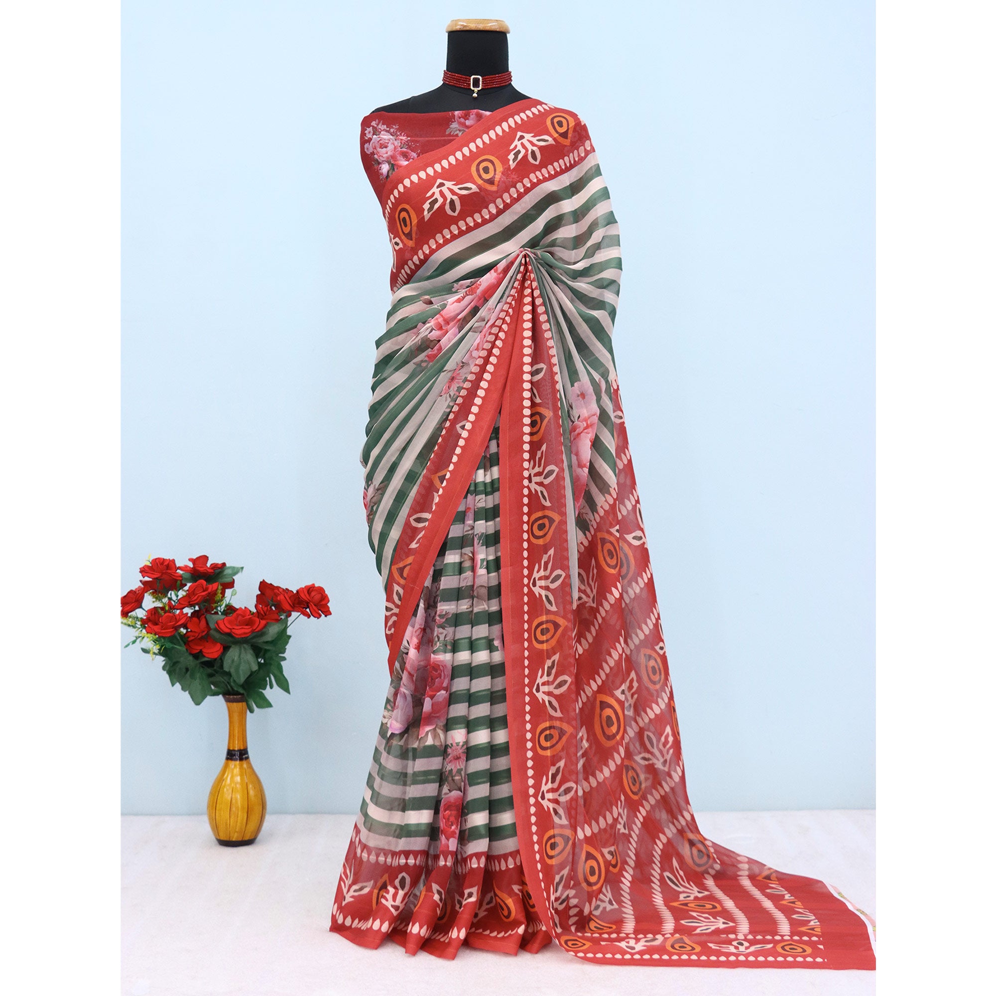 Charming Mehendi Green & Rust Striped Digital Printed Georgette Saree Accentuated With Zari Stripes