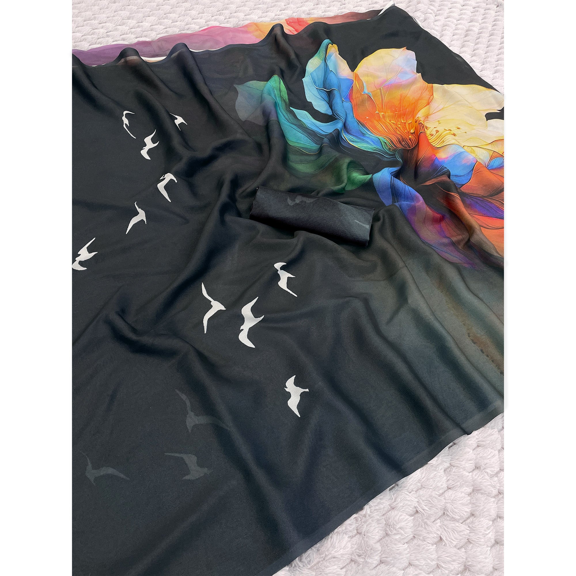 Black Sparkle Star Georgette Saree Adorned With Floral & Bird Digital Prints