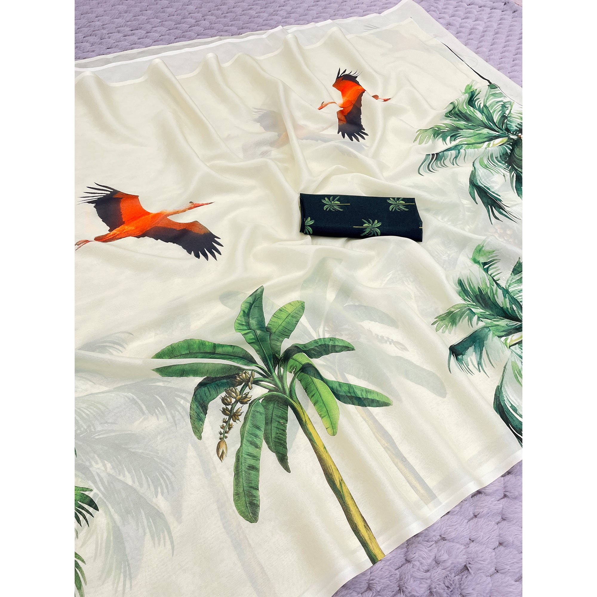 Cream Sparkle Star Georgette Saree Adorned With Tree & Bird Digital Prints