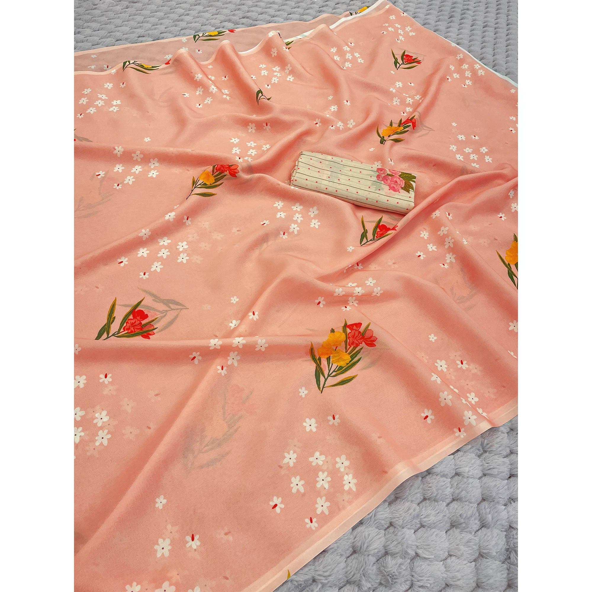 Peach Sparkle Star Georgette Saree Adorned With Floral Digital Prints