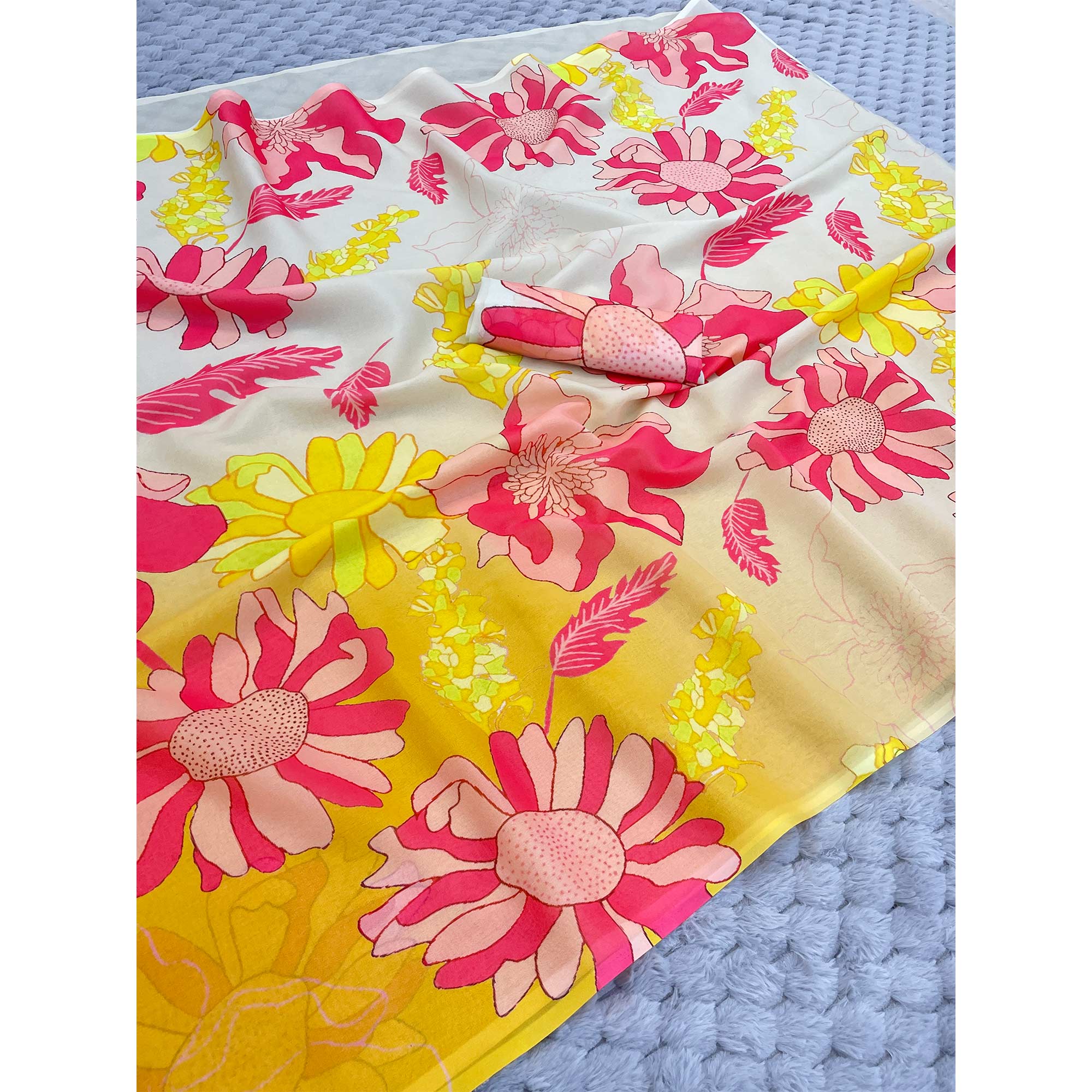 Yellow Sparkle Star Georgette Saree Adorned With Floral Digital Prints