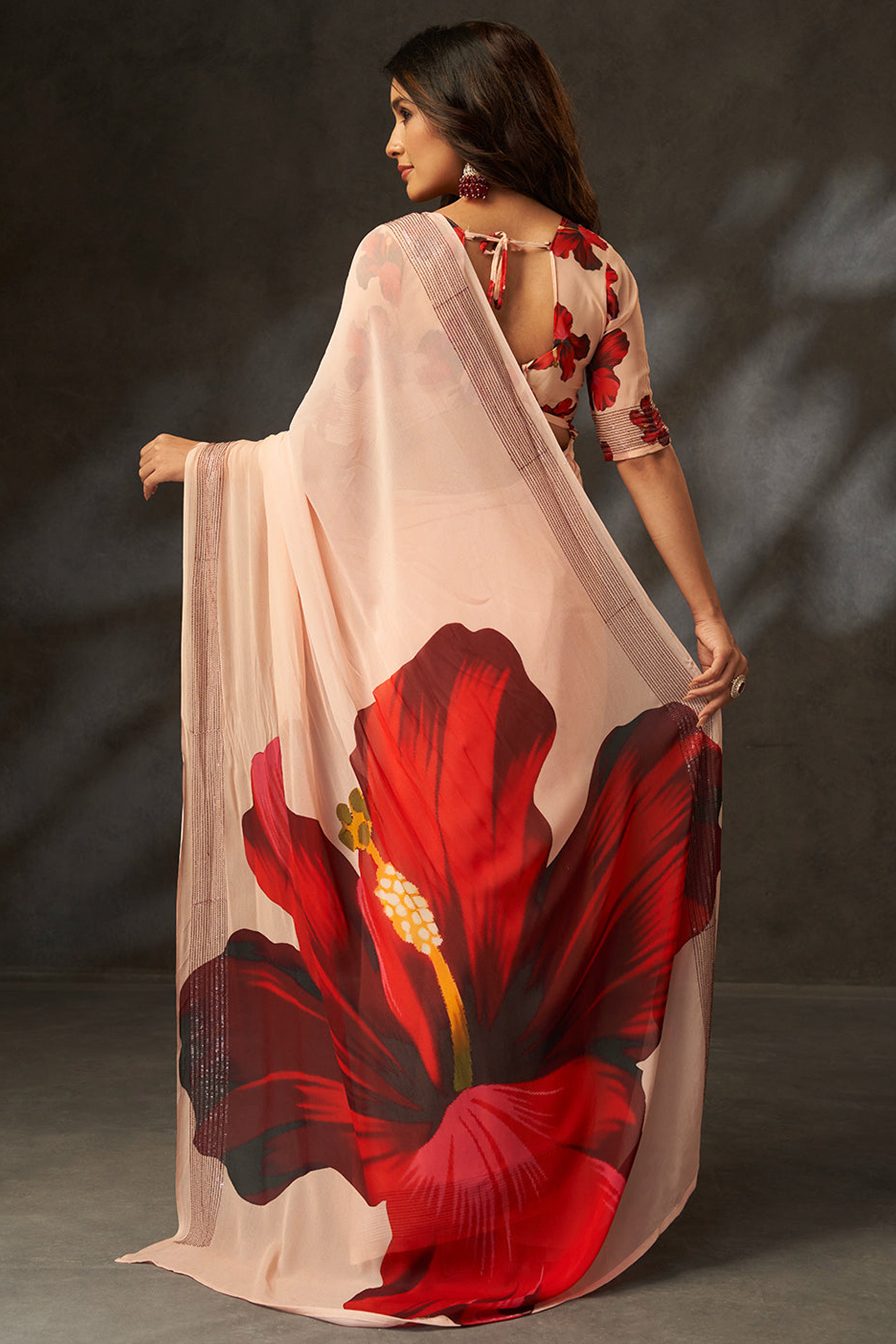 Graceful Peach Floral Digital Print Saree in Georgette With Artistic Crochet Border Work