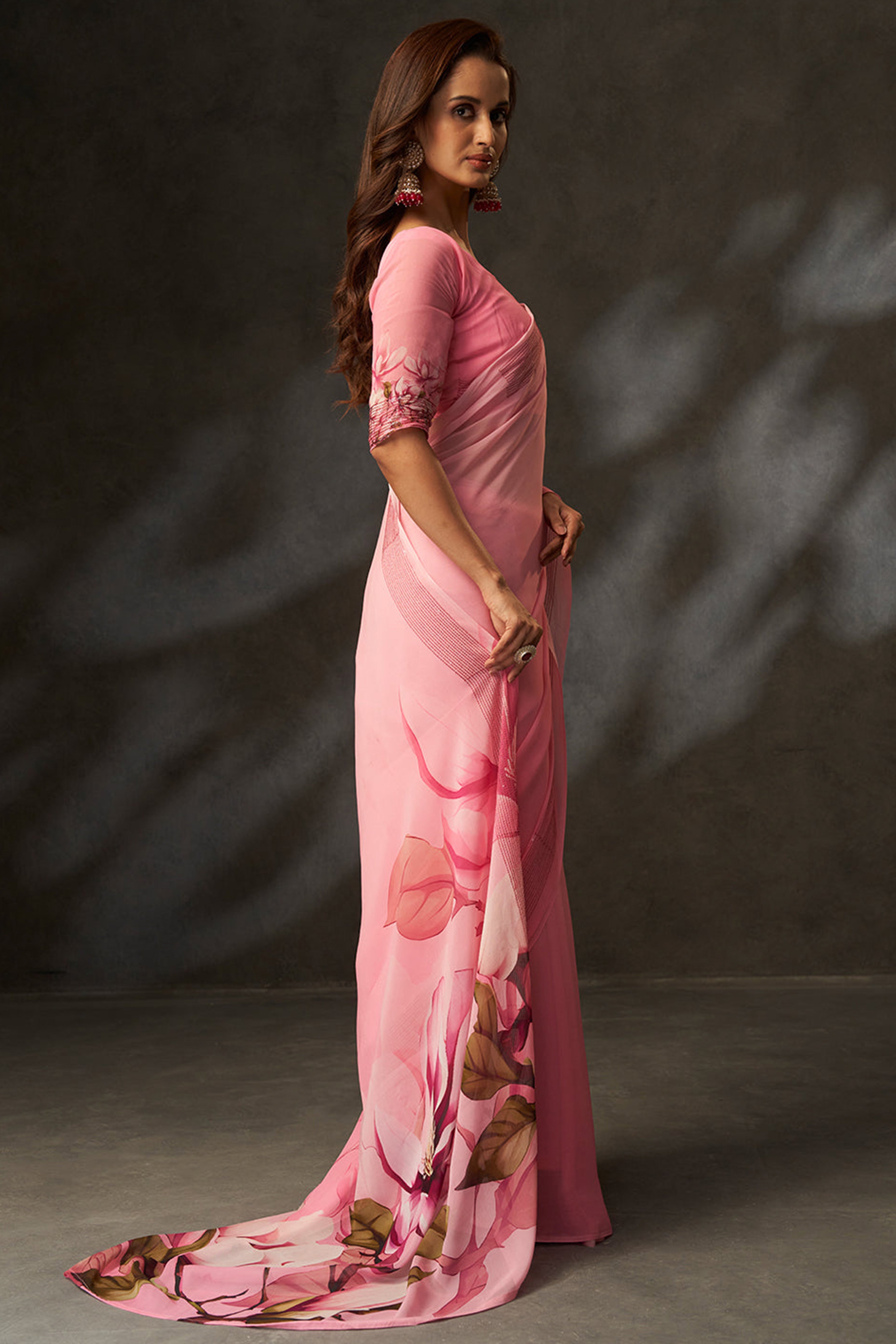 Graceful Pink Floral Digital Print Saree in Georgette With Artistic Crochet Border Work