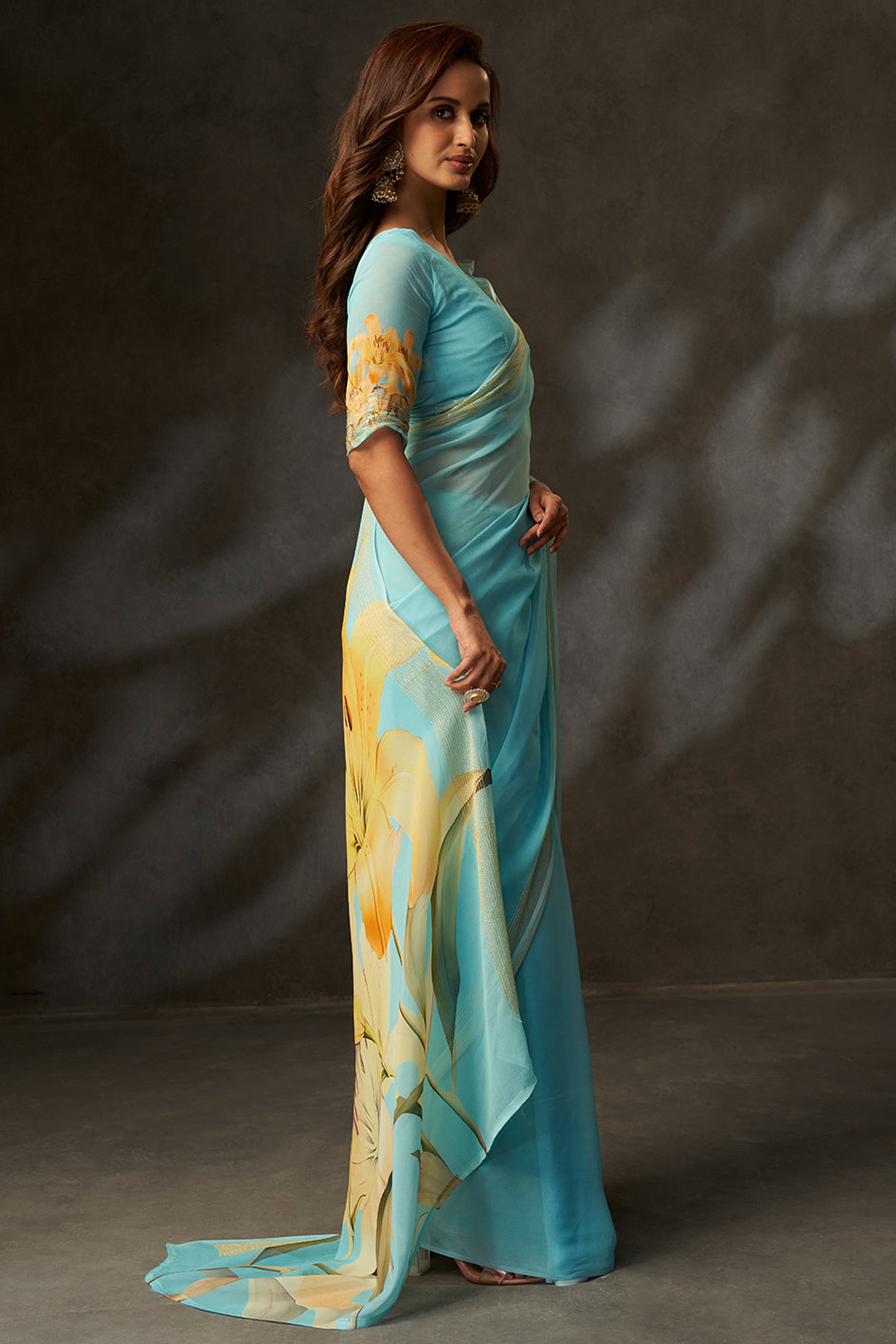 Graceful Sky Blue  Floral Digital Print Saree in Georgette With Artistic Crochet Border Work