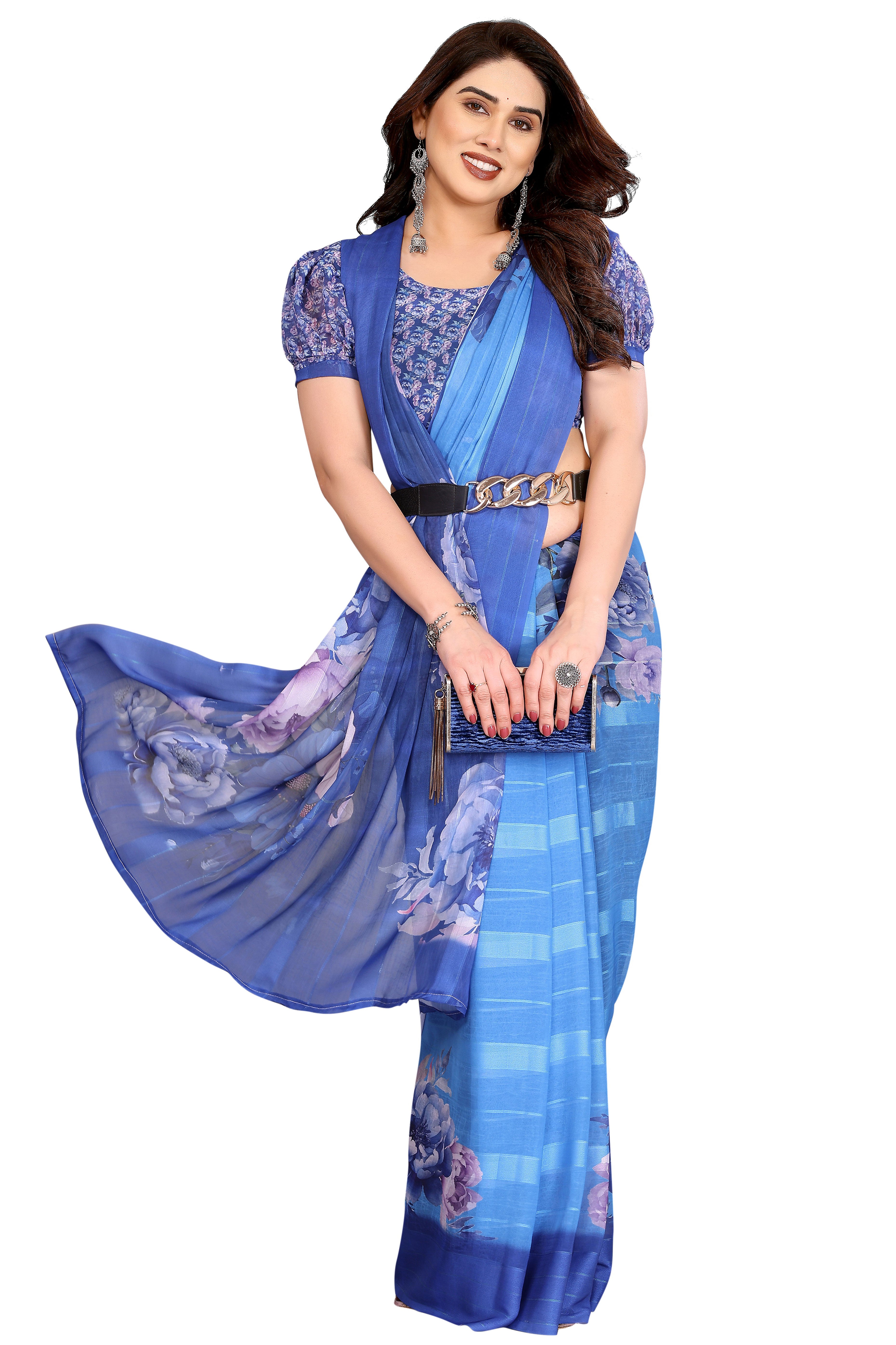 Graceful Blue Floral Digital Print Georgette Saree Featuring Zari Work & Vibrant Striped