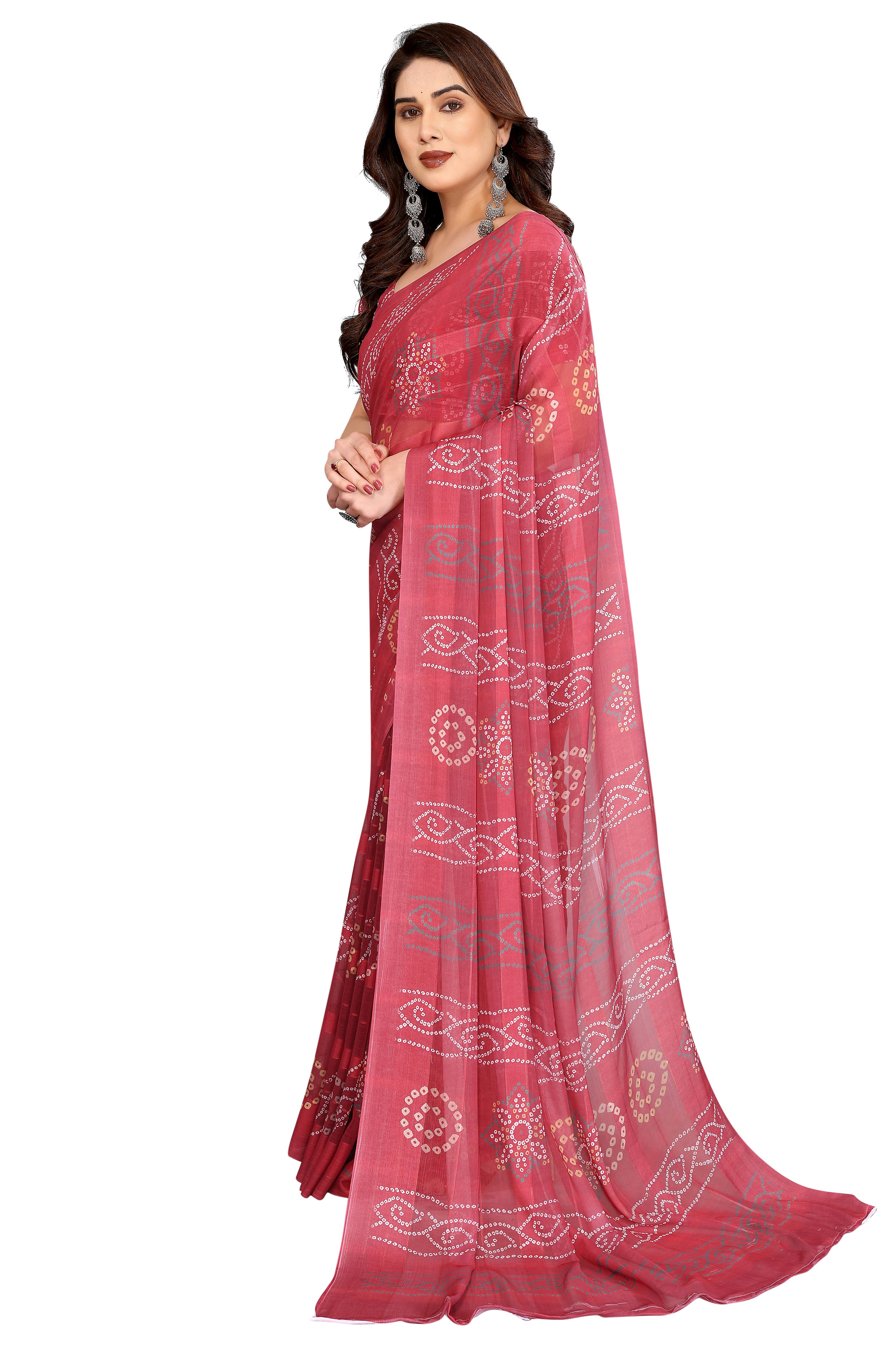 Graceful Maroon Bandhani Digital Print Georgette Saree Featuring Zari Work & Vibrant Striped