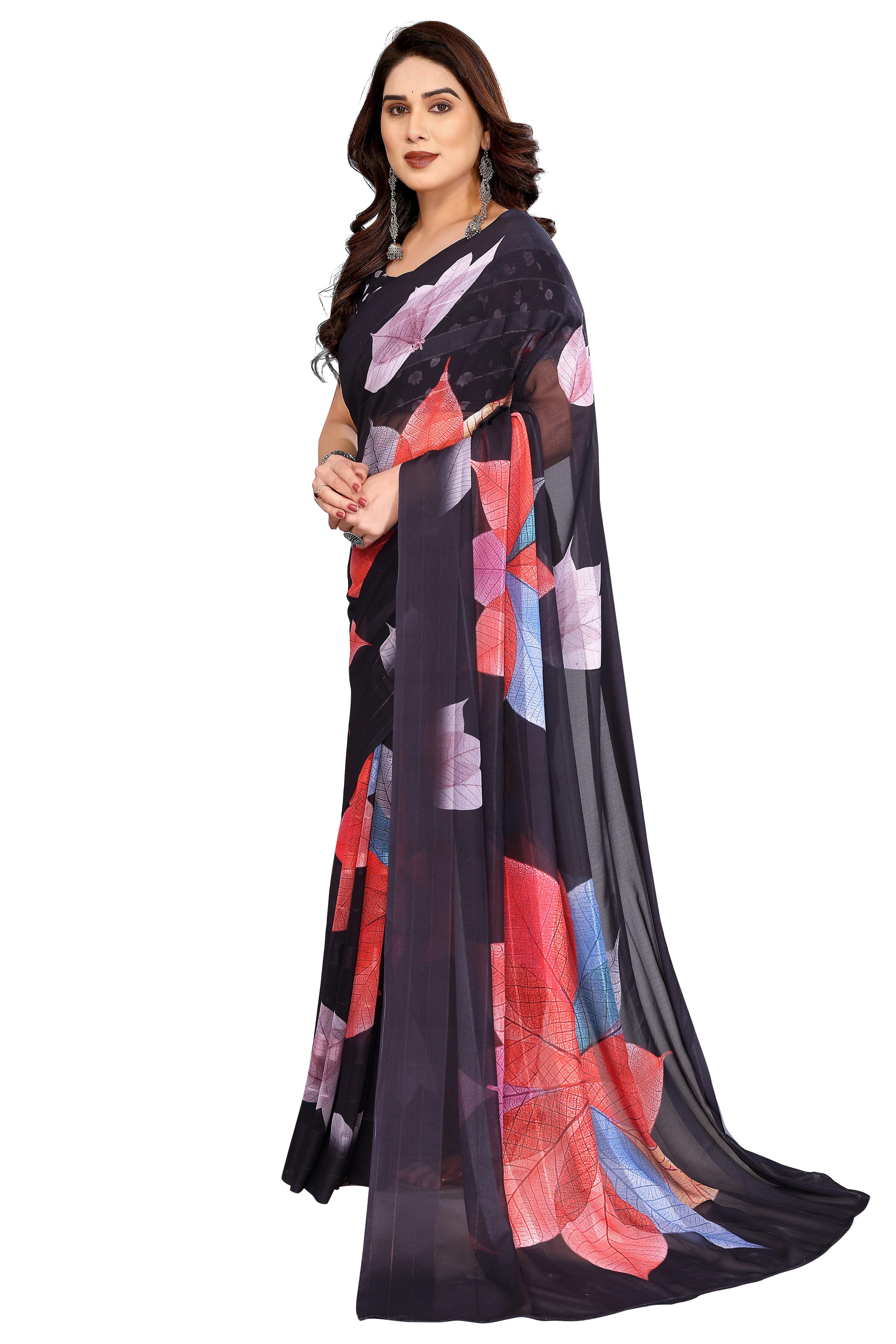 Sophisticated Black Floral Digital Print Georgettte Saree With Zari Touch & Striped Design