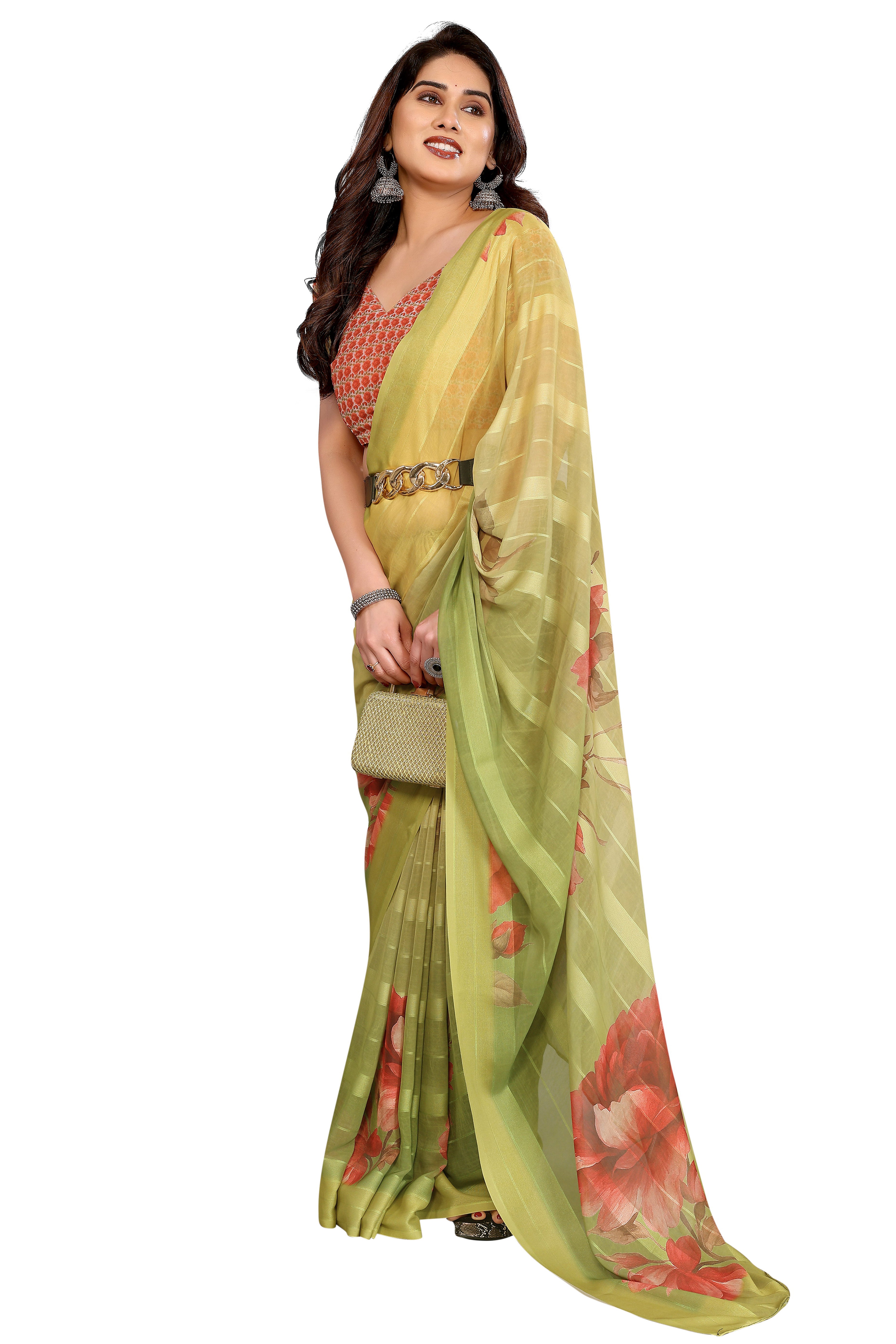 Sophisticated Green Floral Digital Print Georgettte Saree With Zari Touch & Striped Design
