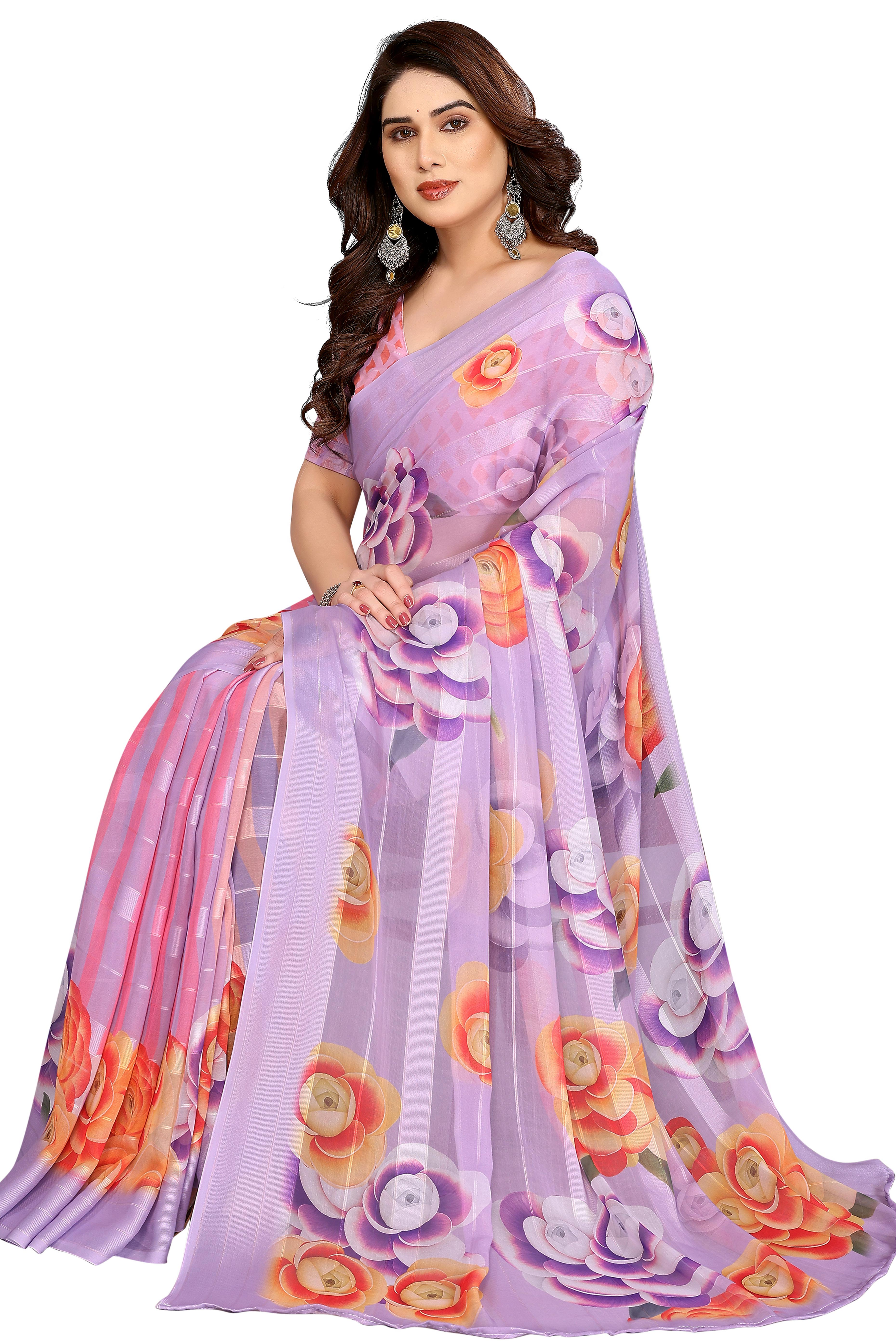 Sophisticated Lavender Floral Digital Print Georgettte Saree With Zari Touch & Striped Design