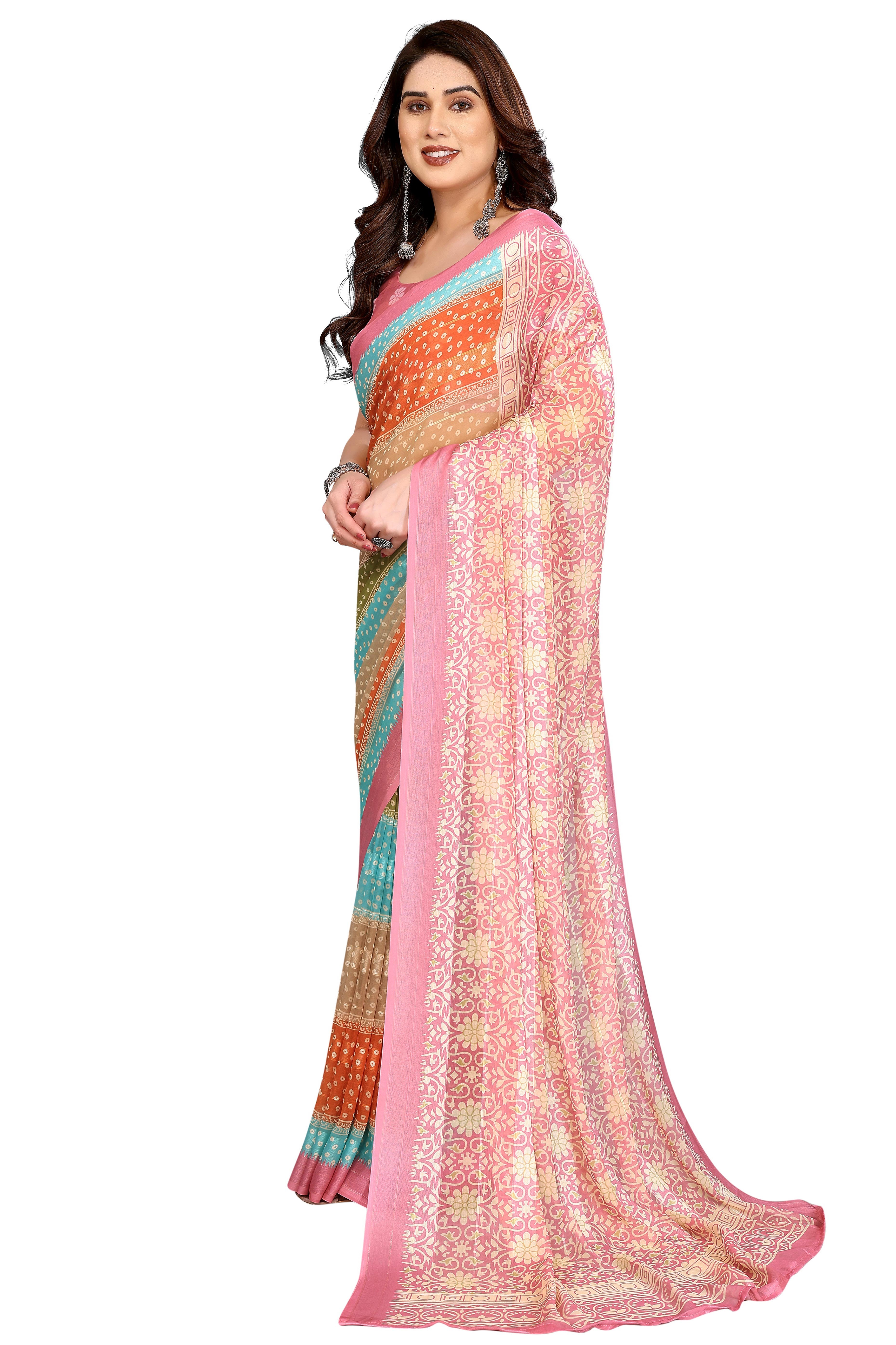 Sophisticated Multiclor Floral Digital Print Georgettte Saree With Zari Touch & Striped Design