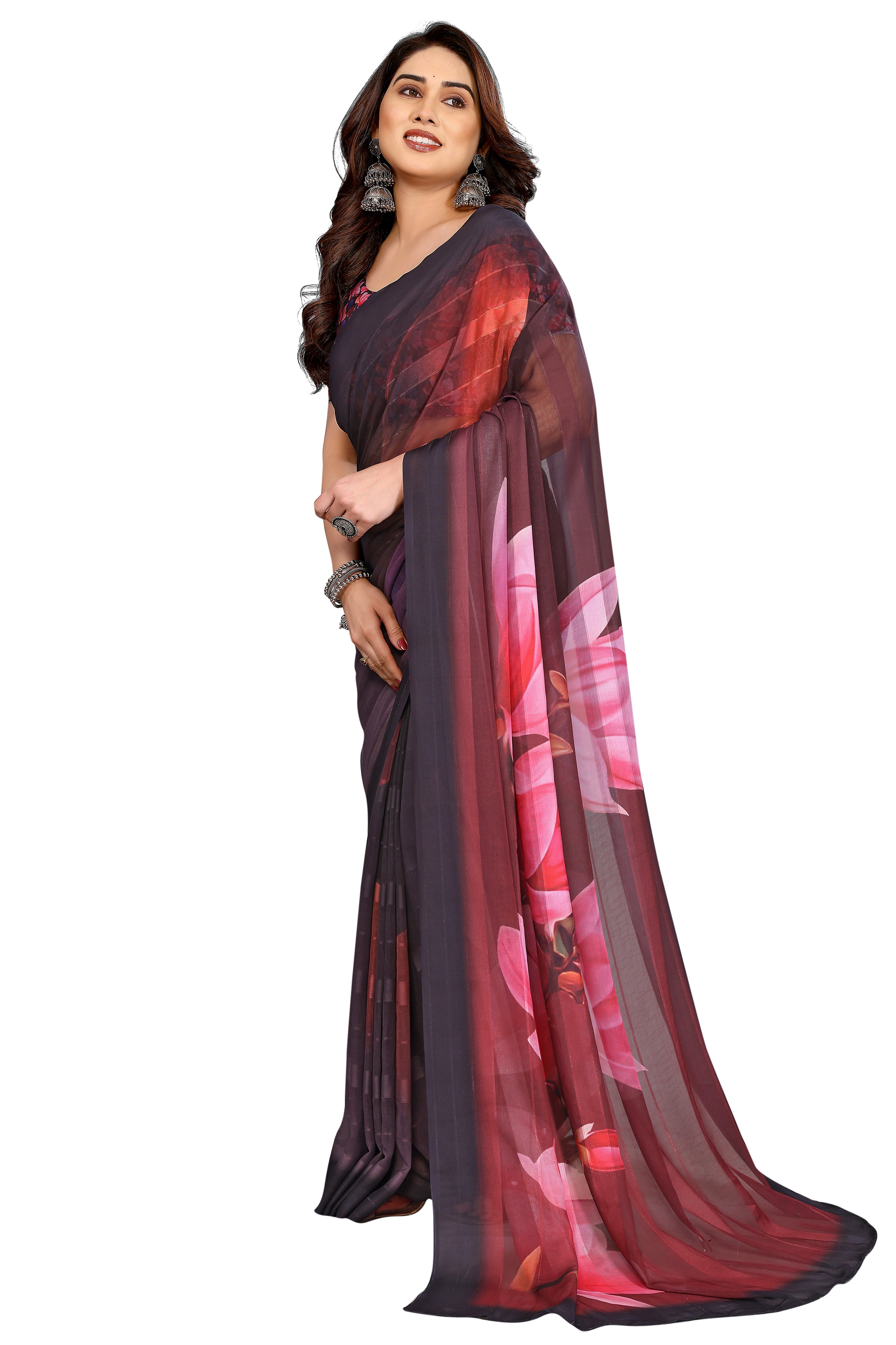 Classic Blak & Maroon Floral Digital Print Georgette Saree With Refined Zari & Stylish Striped