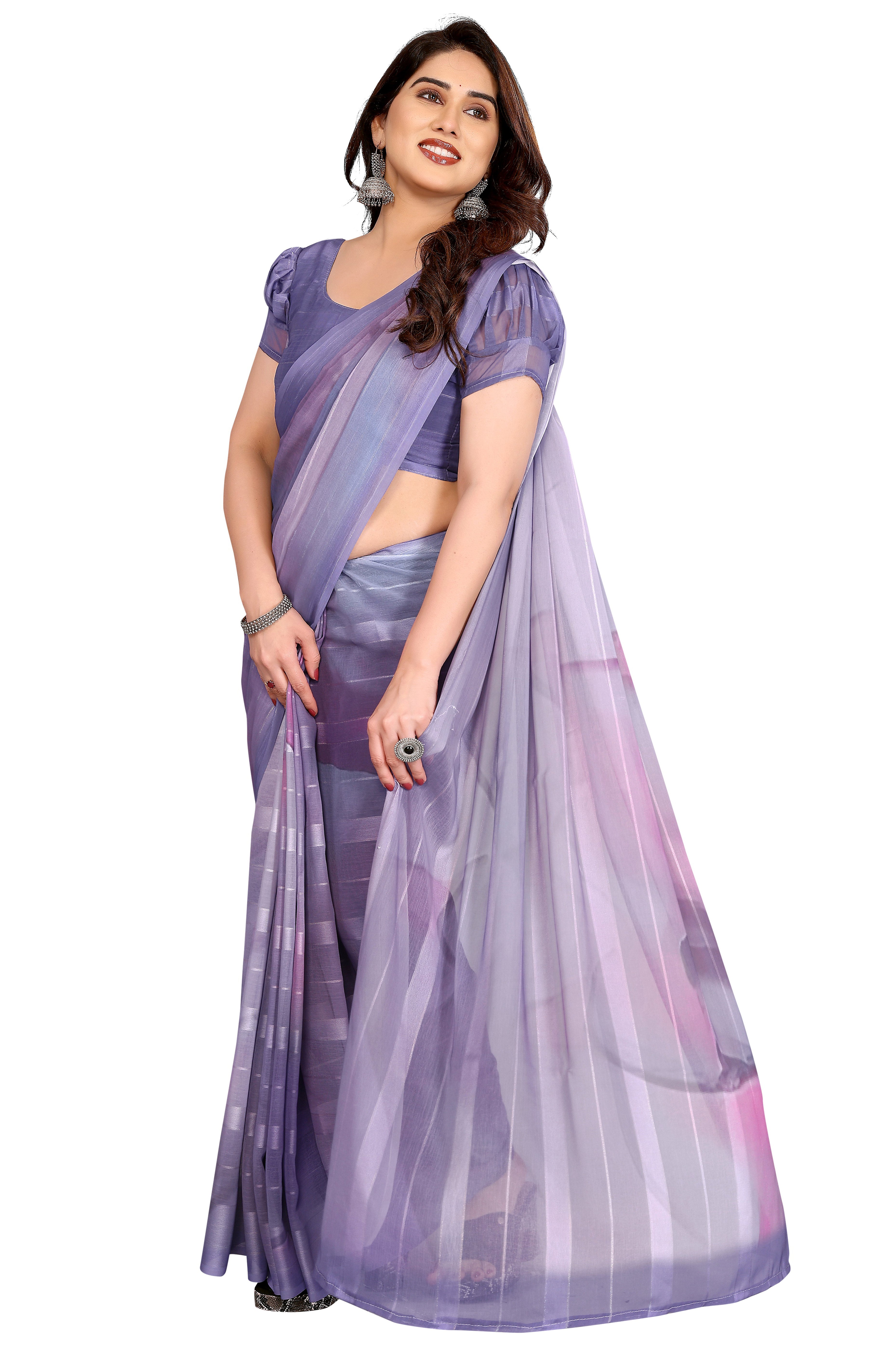 Classic Purple Digital Print Georgette Saree With Refined Zari & Stylish Striped