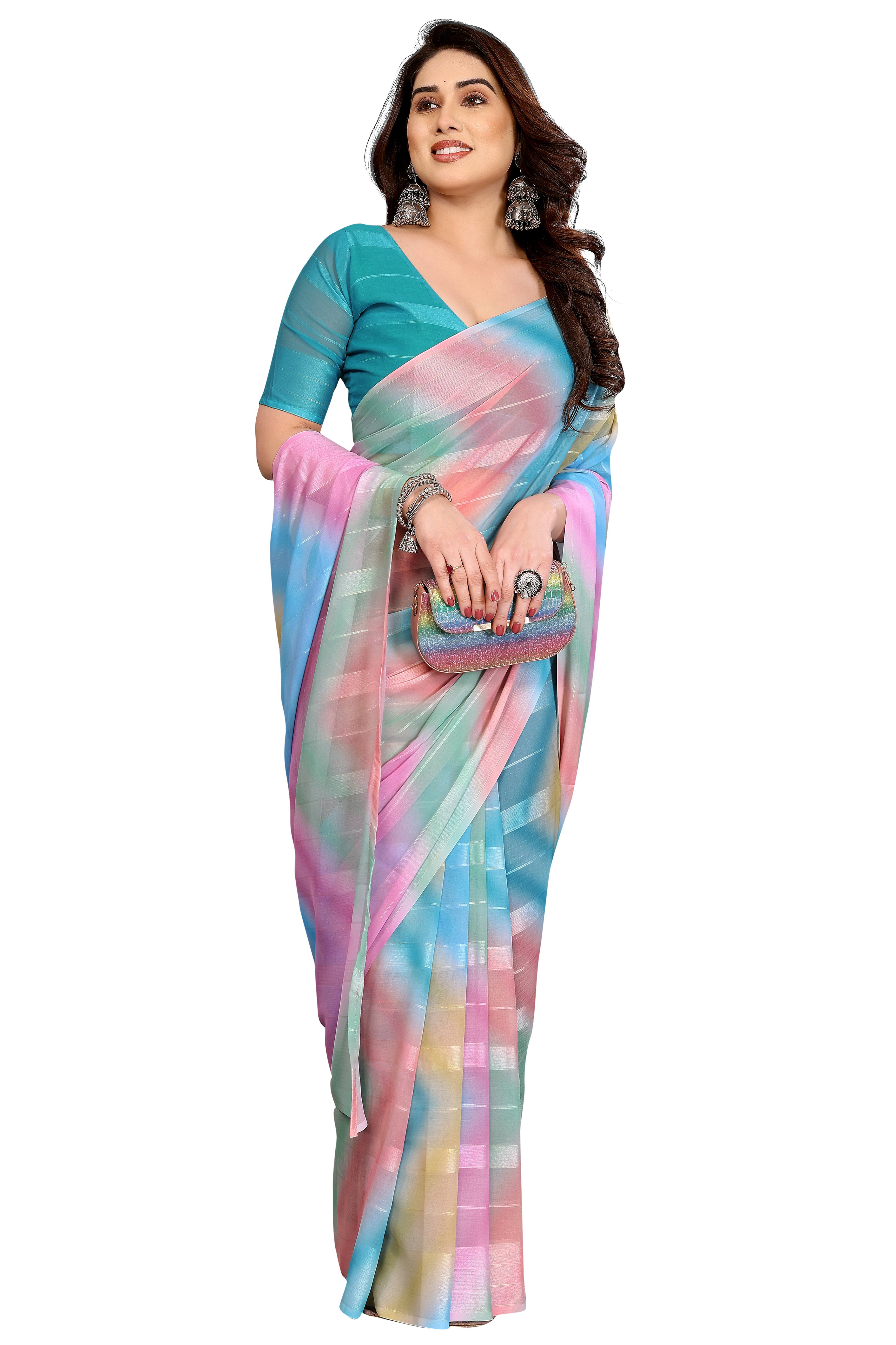 Classic Multicolor Ombre Digital Print Georgette Saree With Refined Zari & Stylish Striped