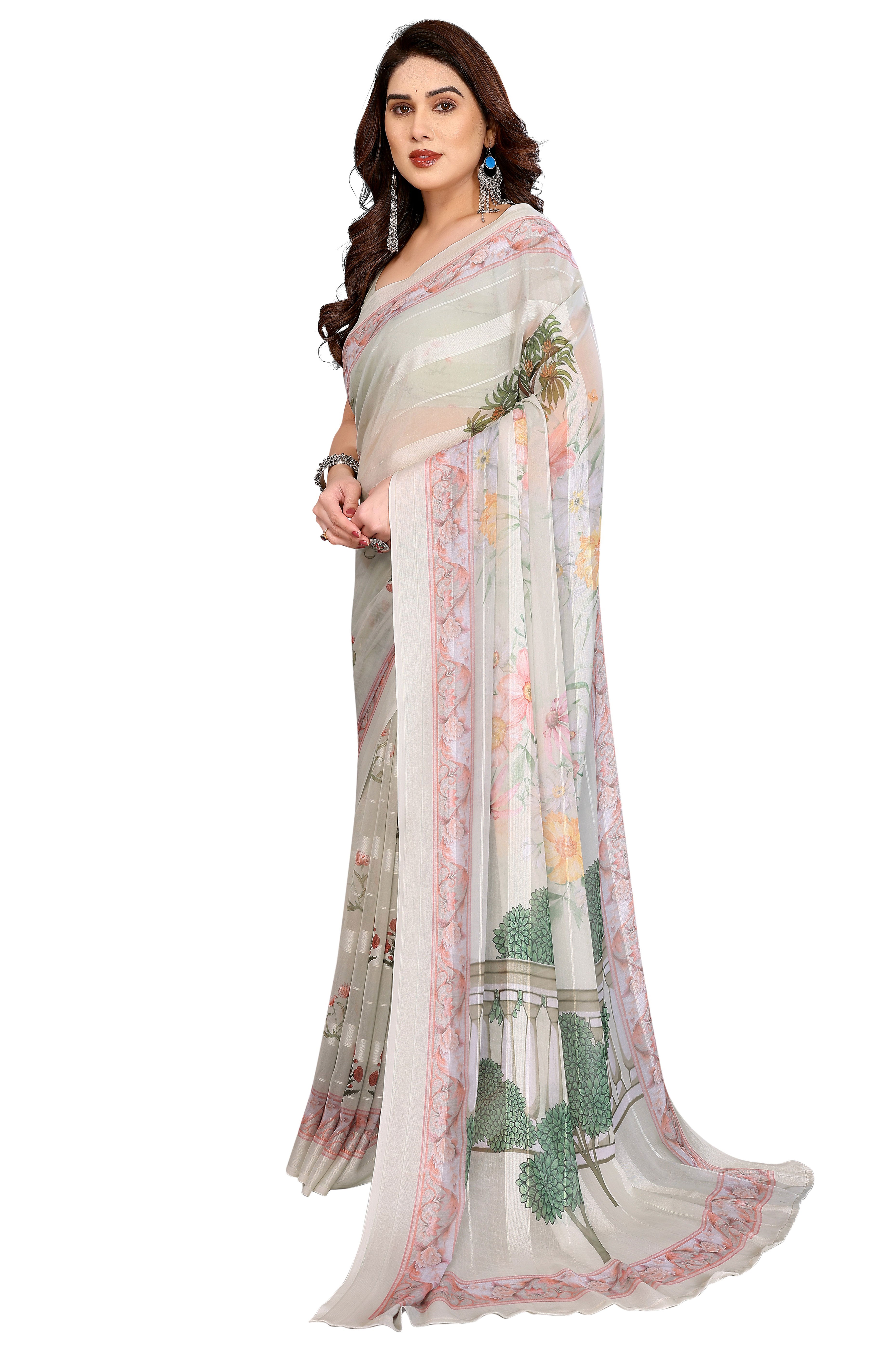 Premium Offwhite Floral Digital Printed Georgette Saree Featuring Delicate Zari & Bright Striped