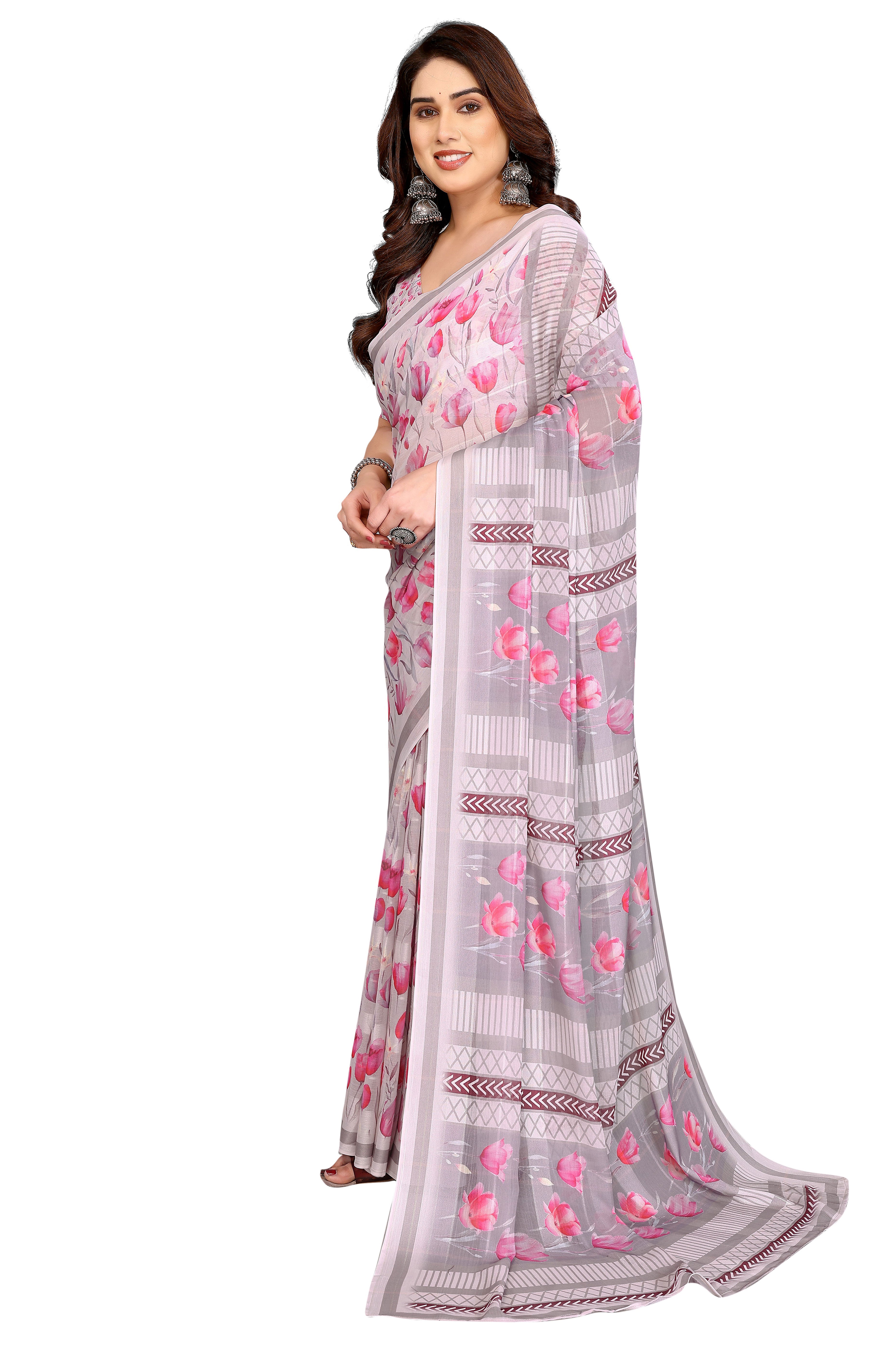 Premium Grey Floral Digital Printed Georgette Saree Featuring Delicate Zari & Bright Striped
