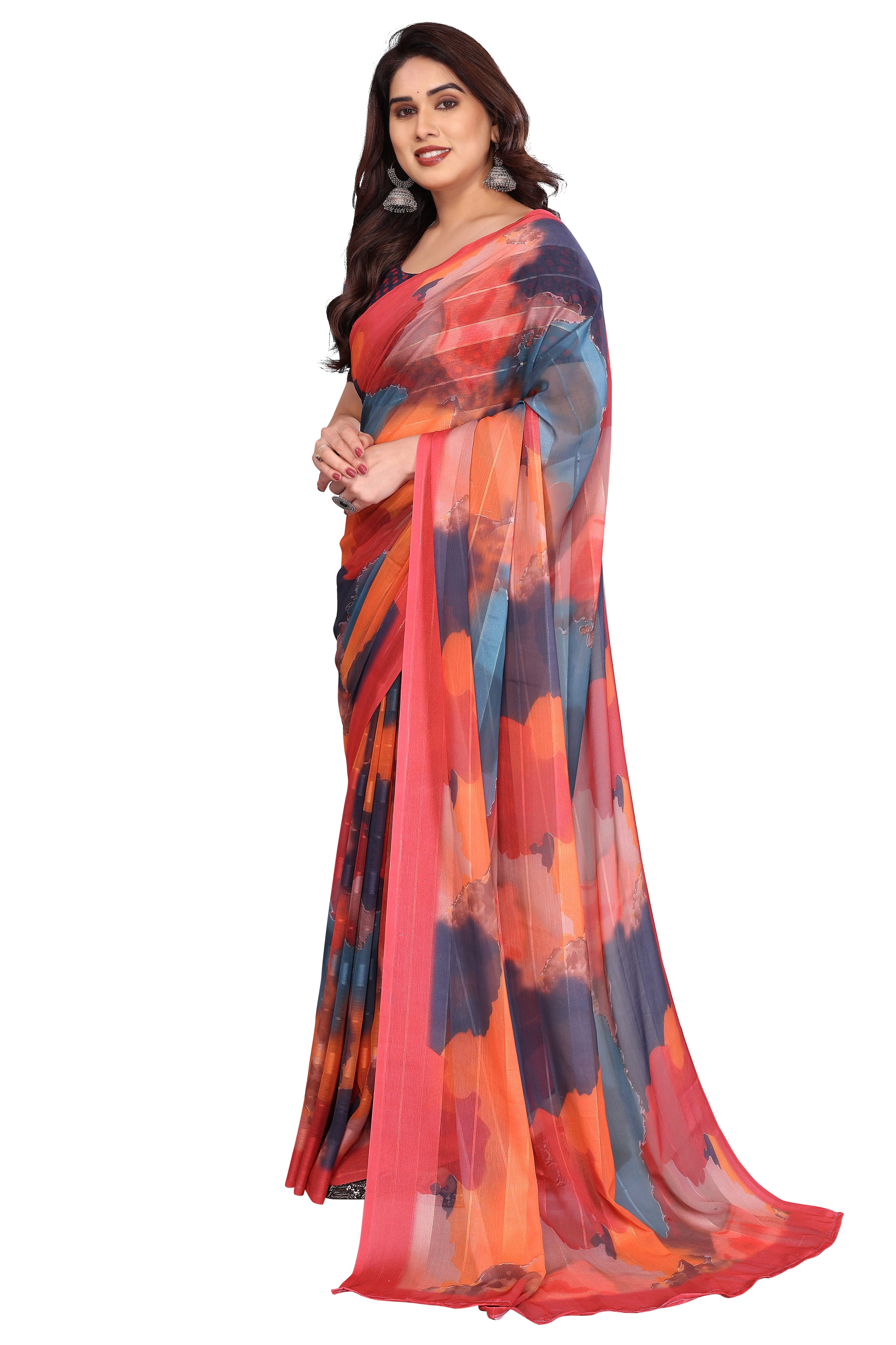 Premium Muticolor Digital Printed Georgette Saree Featuring Delicate Zari & Bright Striped