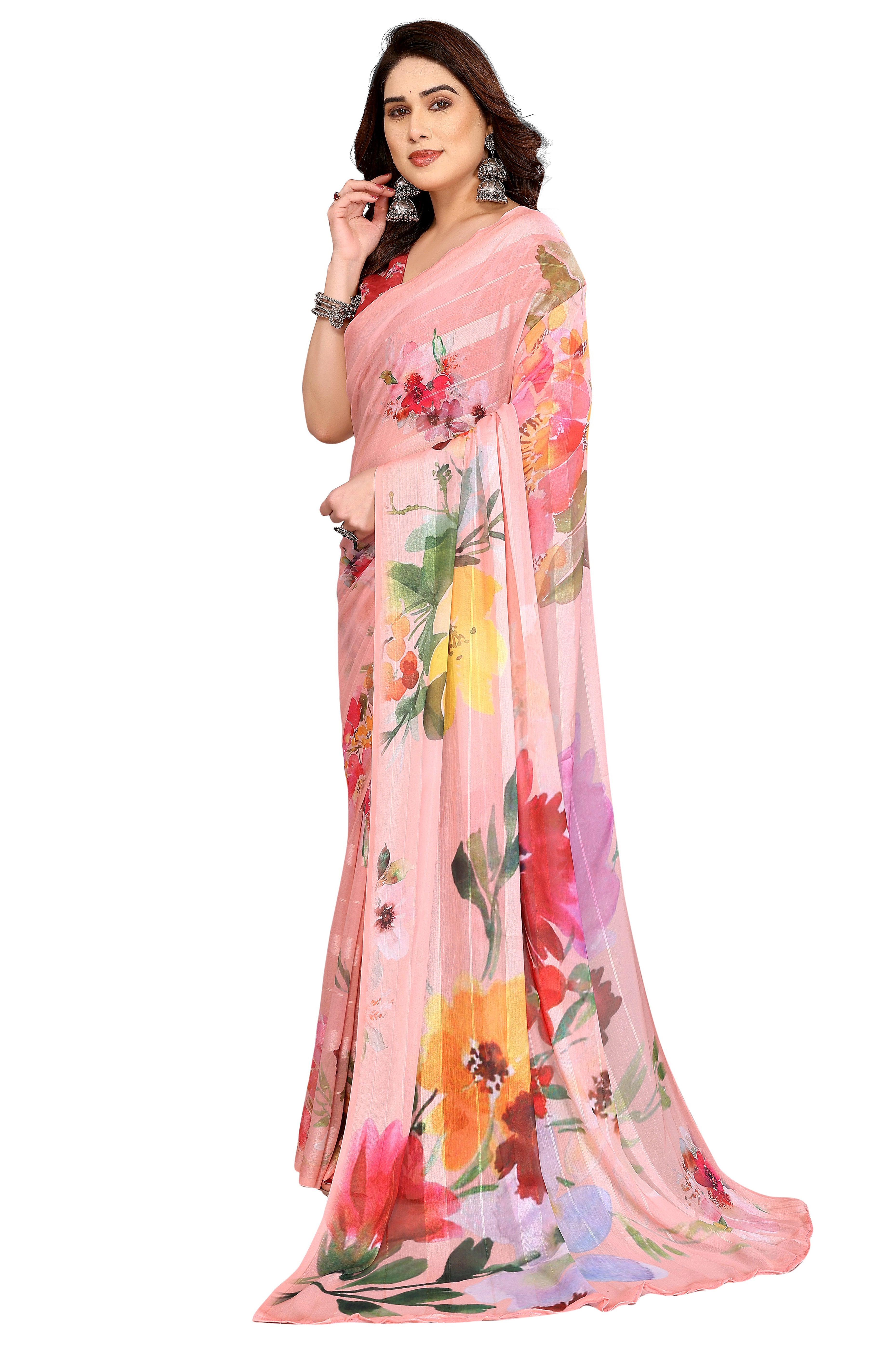 Premium Peach Floral Digital Printed Georgette Saree Featuring Delicate Zari & Bright Striped