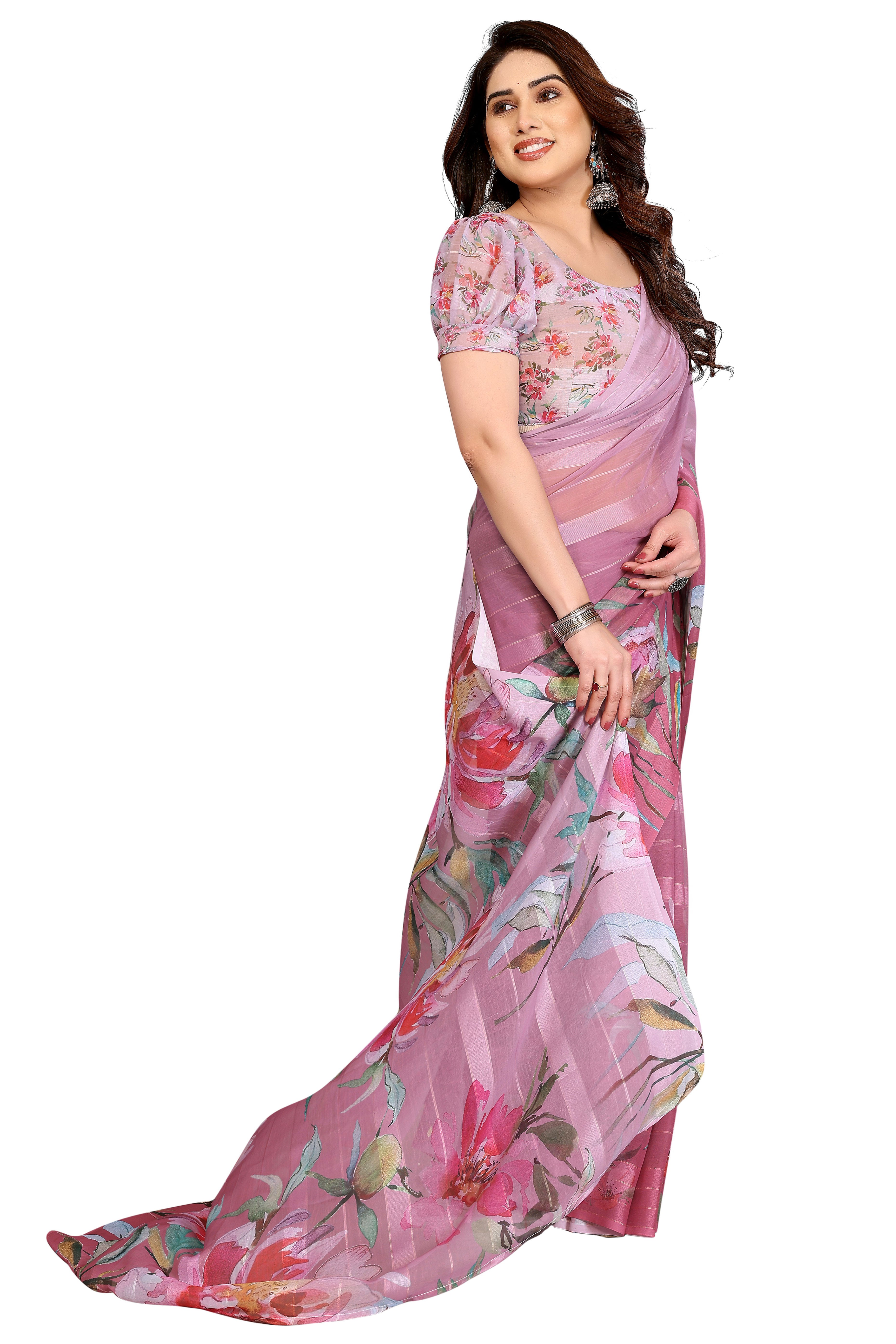Premium Pink Floral Digital Printed Georgette Saree Featuring Delicate Zari & Bright Striped